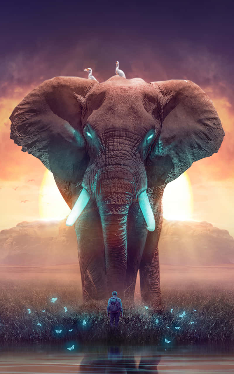 colossal glowing elephant, sunset, birds perched on its head, HD Phone Wallpaper