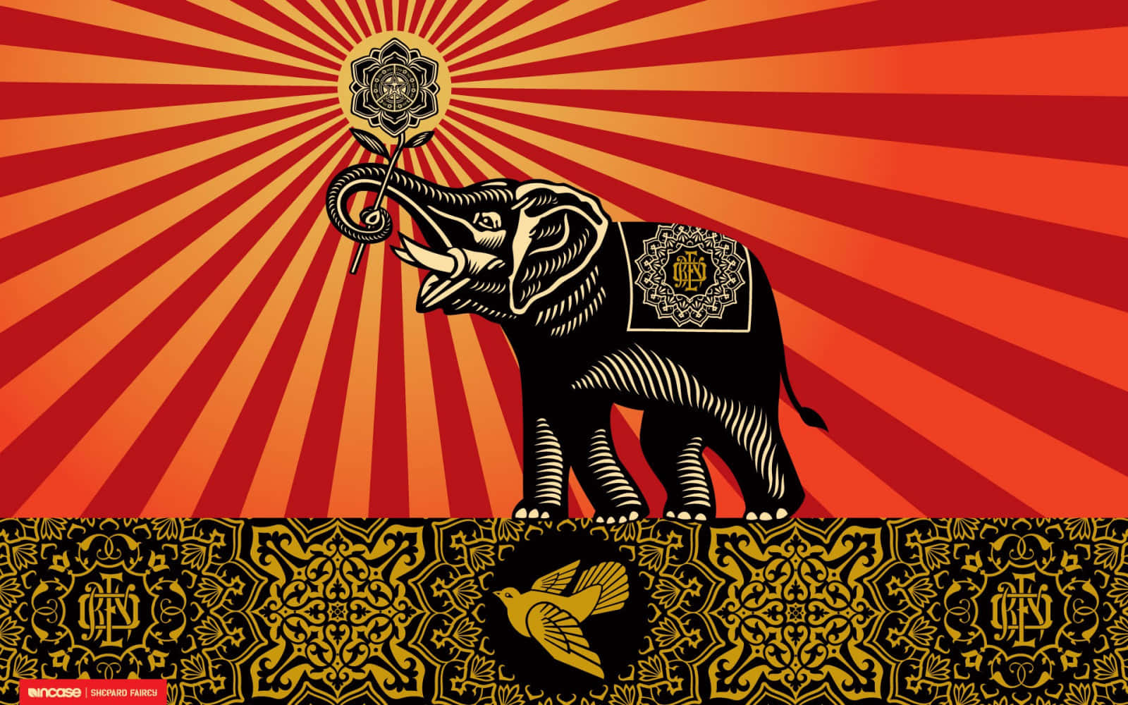Elephant Laptop, black stylized elephant, ornate gold patterns, HD Desktop Wallpaper