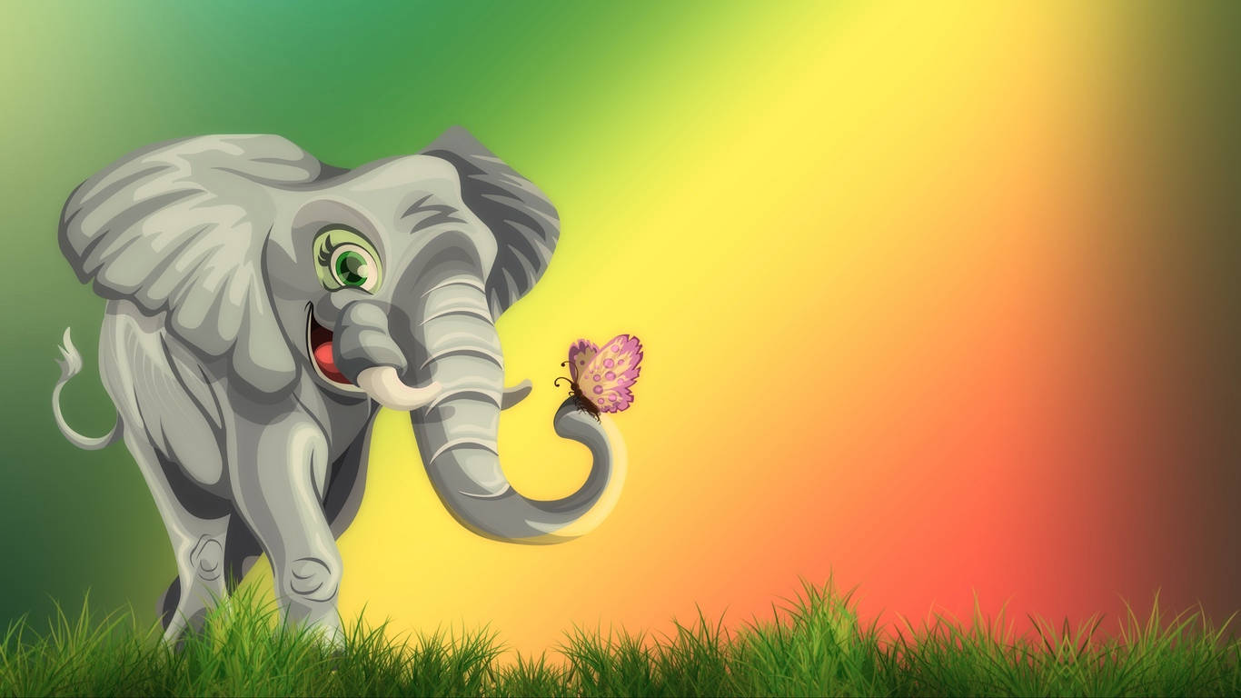 cartoon elephant, green eyes, purple butterfly, HD Desktop Wallpaper