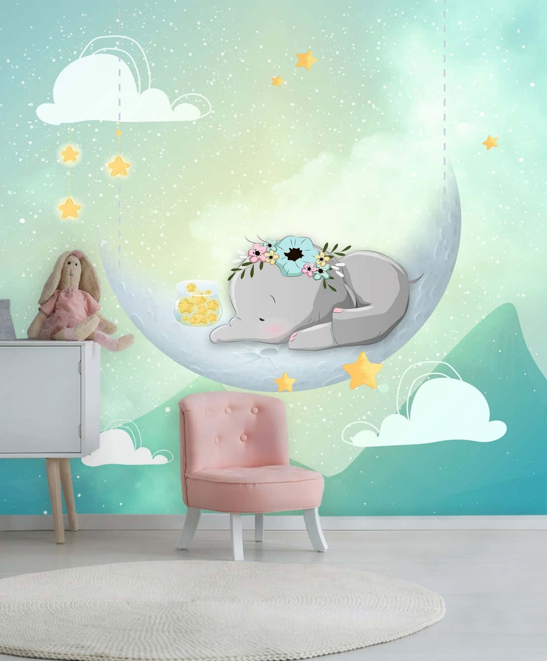 cute cartoon elephant, crescent moon, floral crown, HD Phone Wallpaper