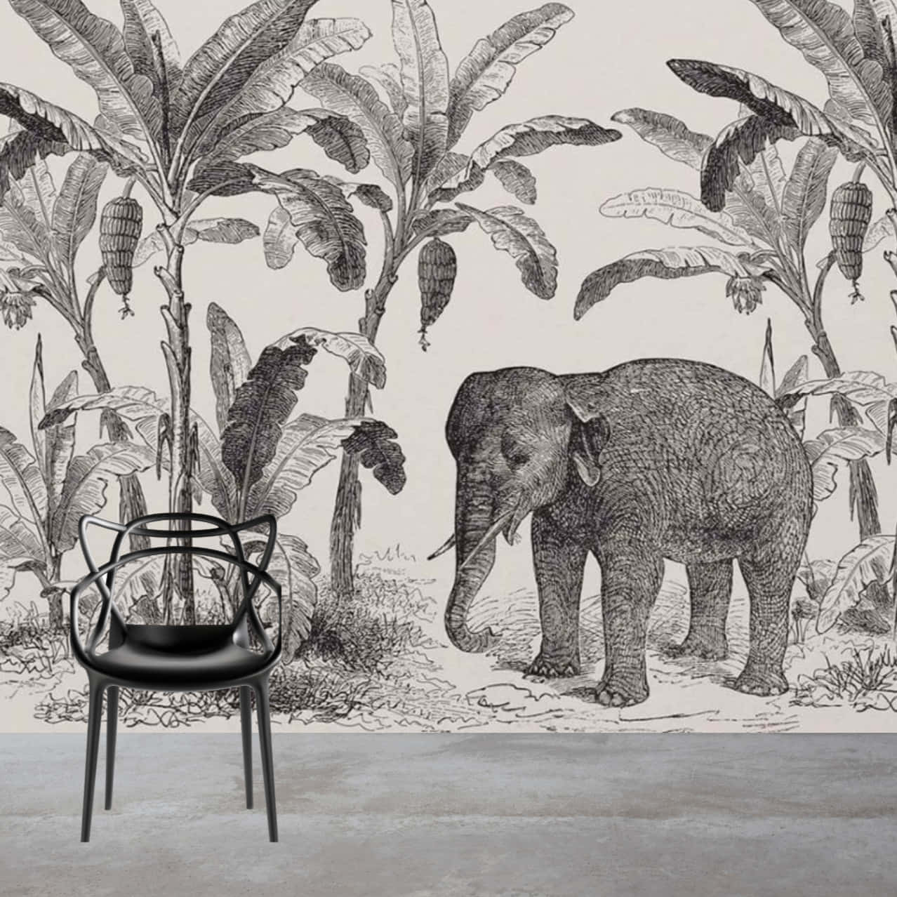 elephant, banana trees, vintage mural, SD Desktop Wallpaper
