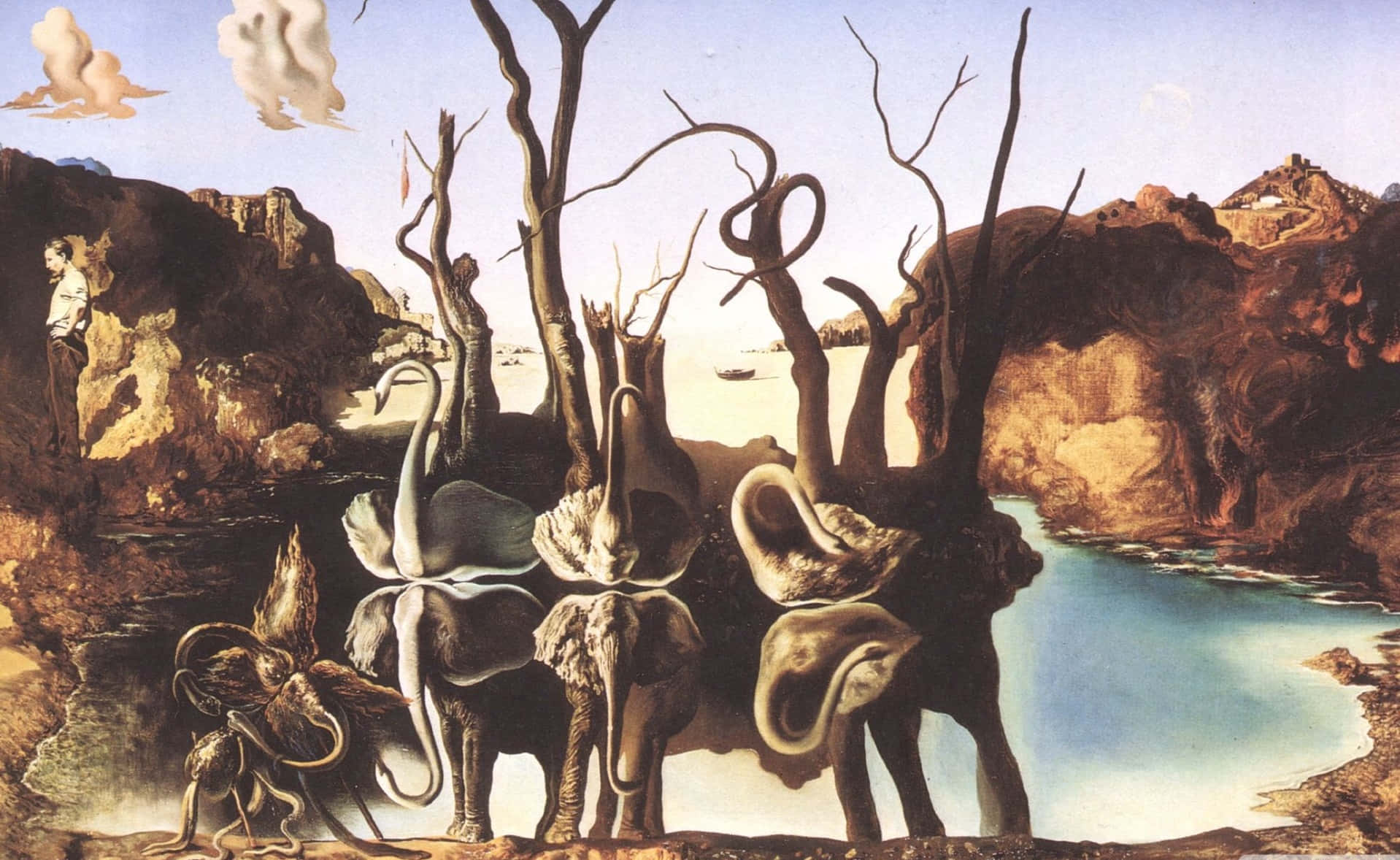 Surreal Art Swans Reflecting Elephants, elephants, trees, HD Desktop Wallpaper