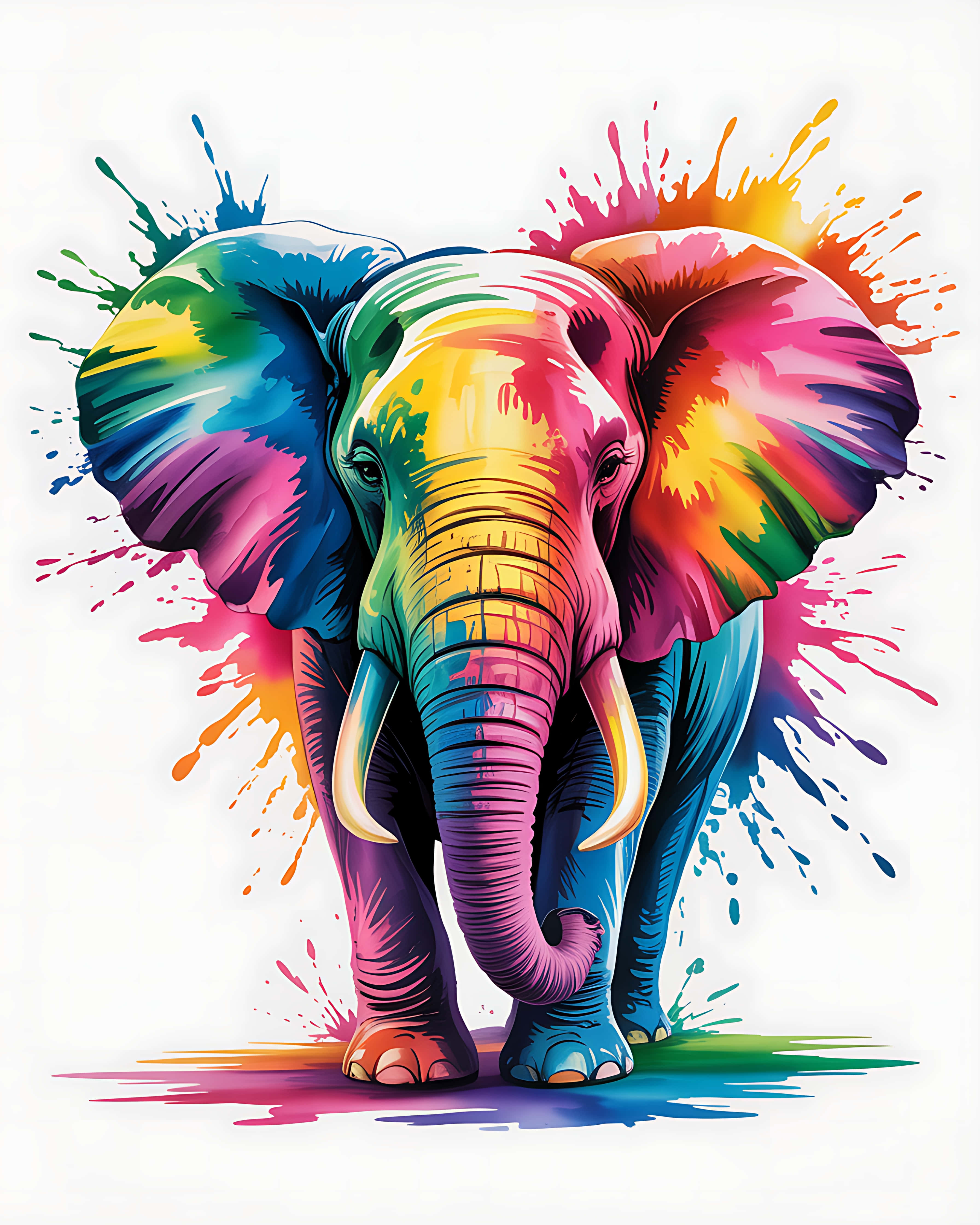 rainbow elephant, colorful paint splatters, ears, 4K Phone Wallpaper