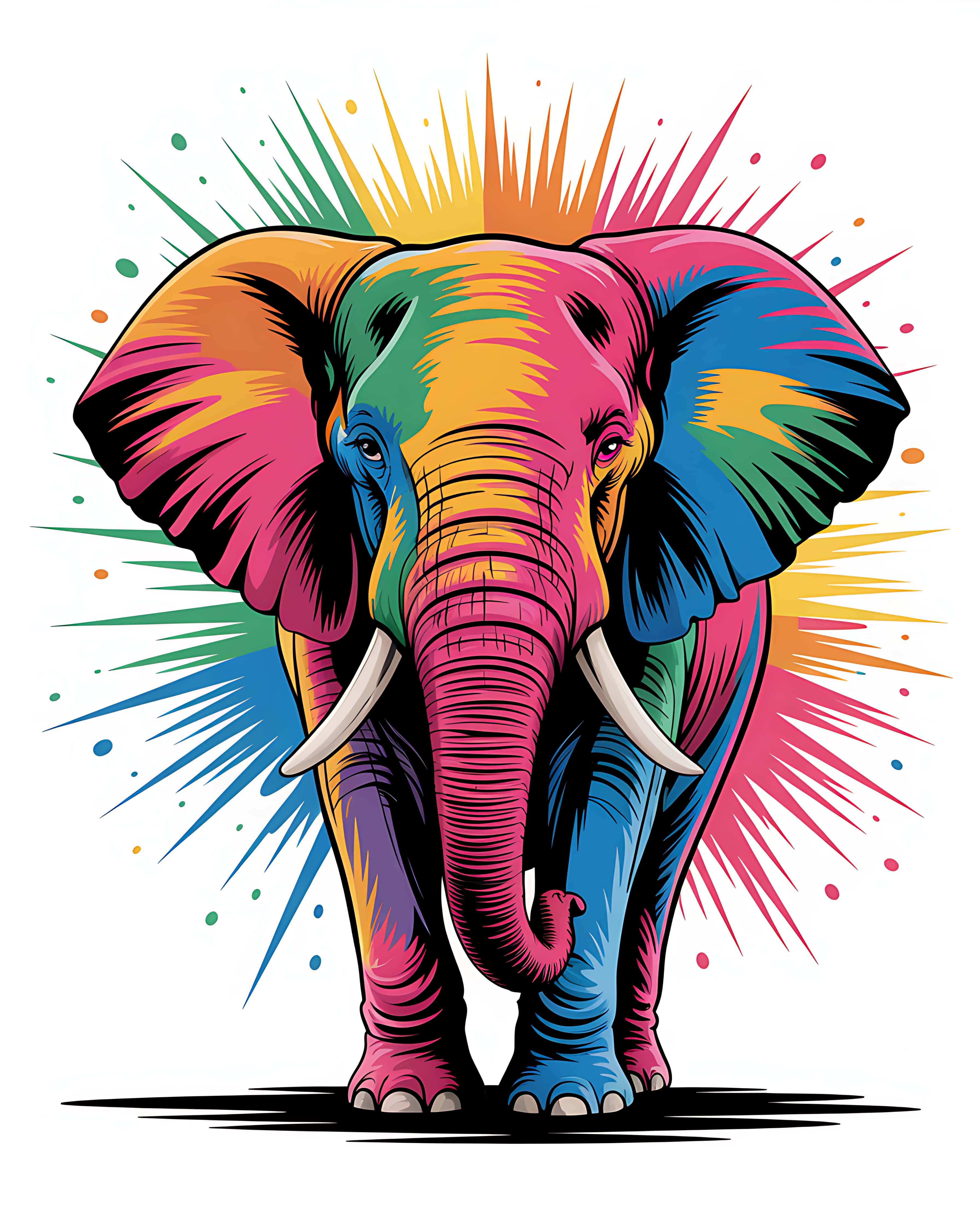 vibrant cartoon elephant, rainbow-colored skin, explosive paint splatters, 4K Phone Wallpaper