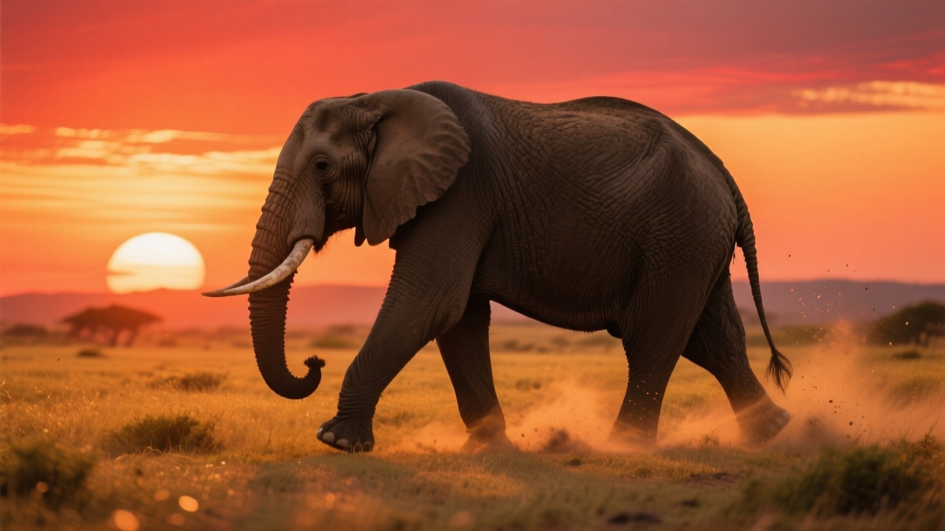 elephant, golden grass, fiery orange sunset, Full HD Desktop Wallpaper