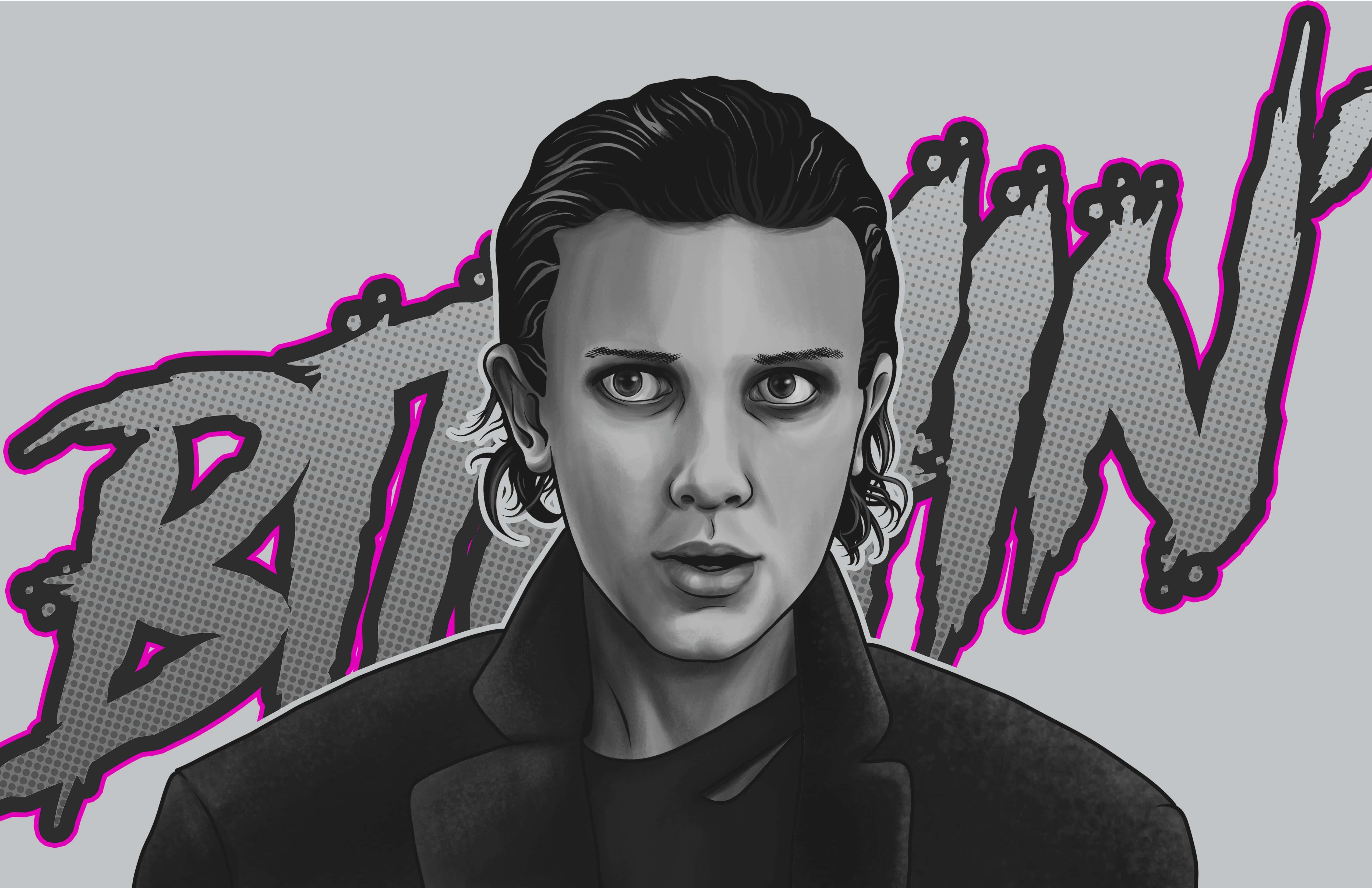 Eleven, Stranger Things, pink-outlined graffiti text, 4K Desktop Wallpaper