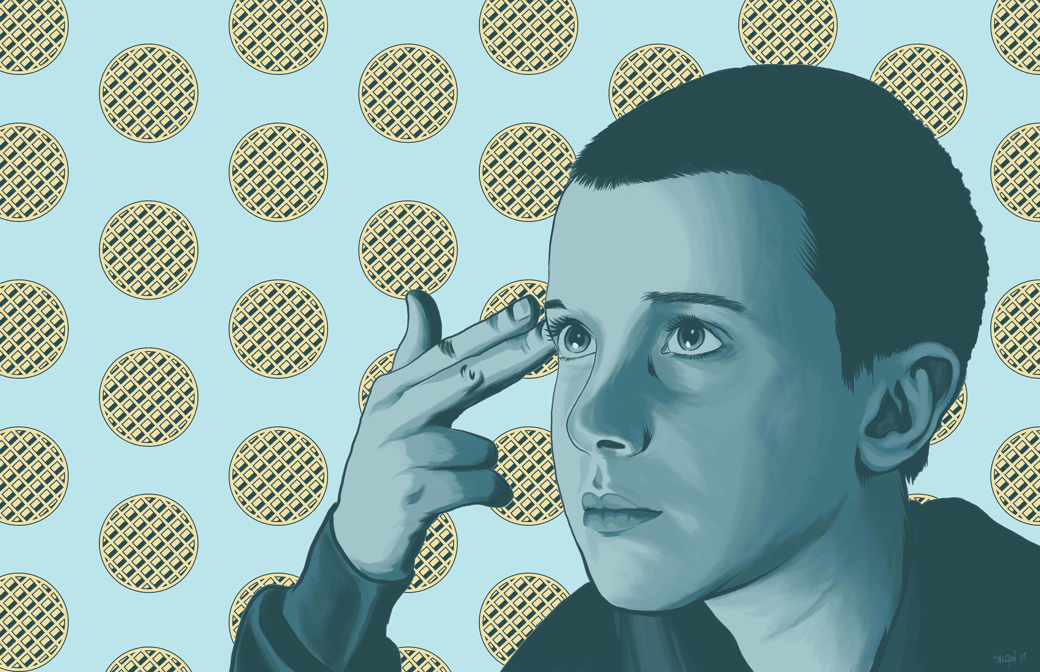 Eleven Stranger Things, light blue background, golden waffle patterns, 2K Desktop Wallpaper