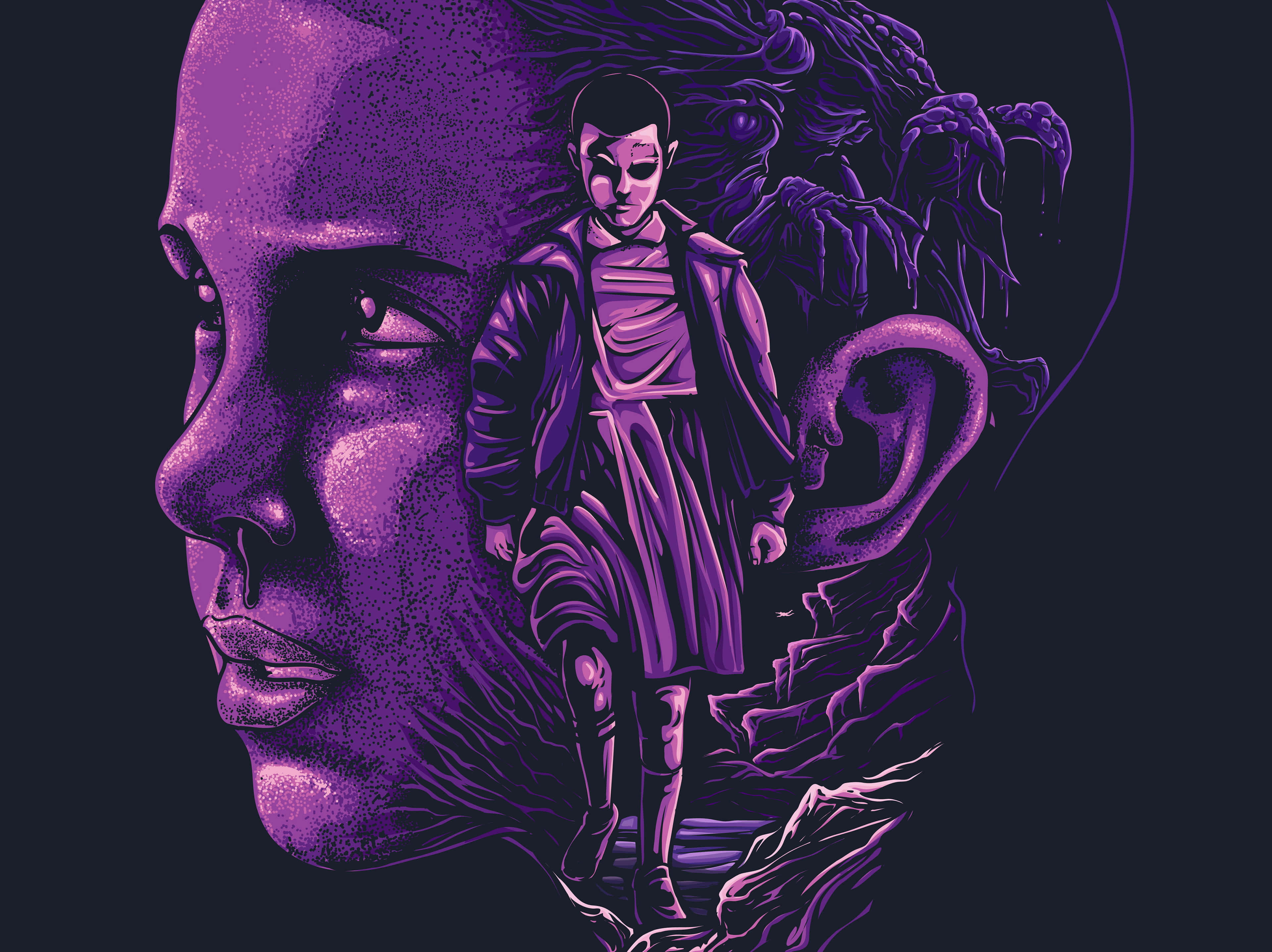 Eleven Stranger Things, purple, surreal landscape, 4K Desktop Wallpaper