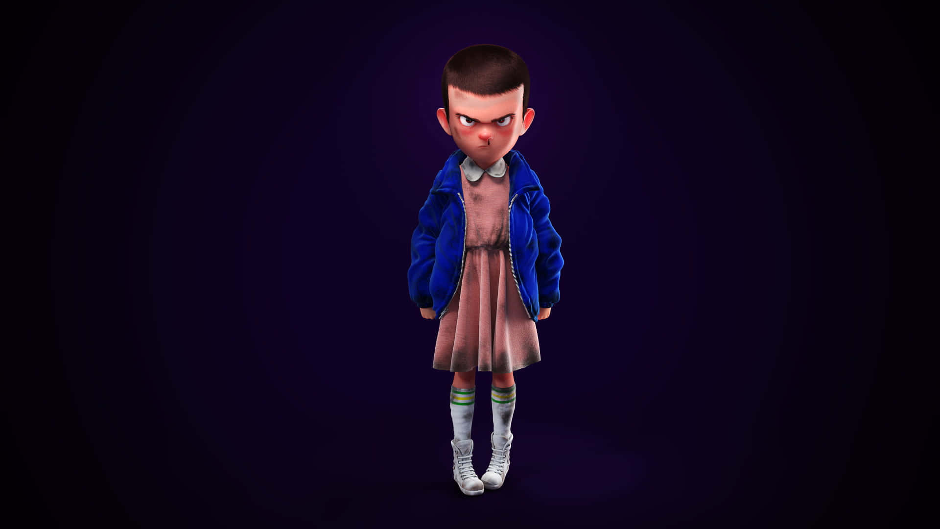 Eleven Stranger Things, blue jacket, pink dress, Full HD Desktop Wallpaper