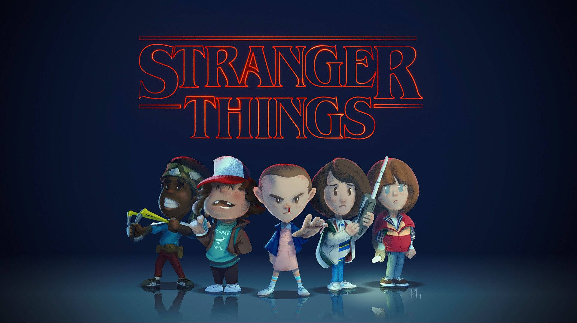 Stranger Things, chibi-style, glowing red title text, Full HD Desktop Wallpaper