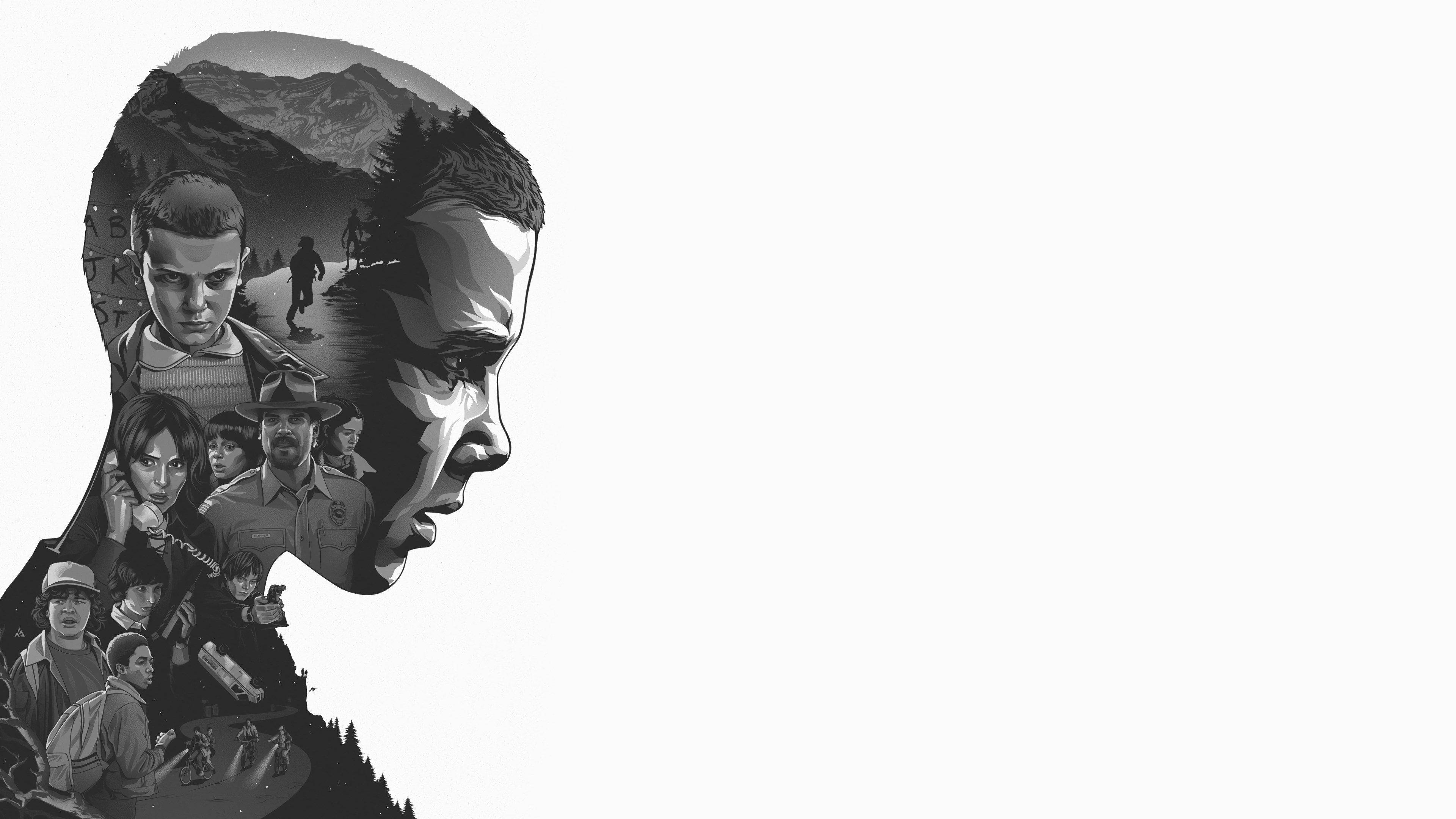 Eleven, Stranger Things, grayscale, 4K Desktop Wallpaper
