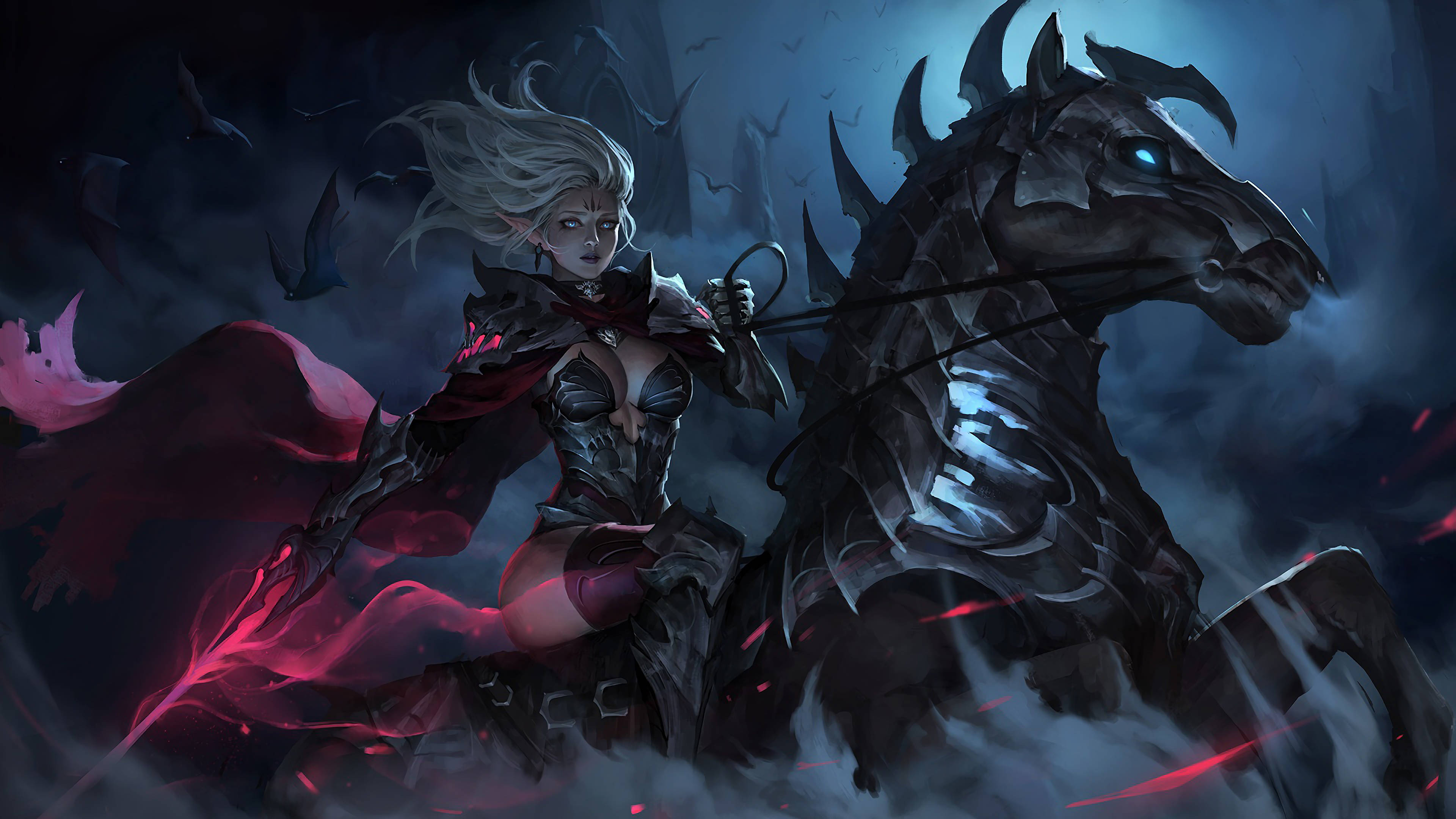 female dark elf knight, pale warrior, flowing white hair, 4K Desktop Wallpaper