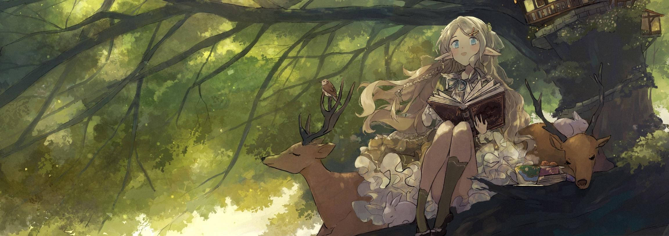 elf, blonde anime girl, deer companions, Full HD Desktop Wallpaper