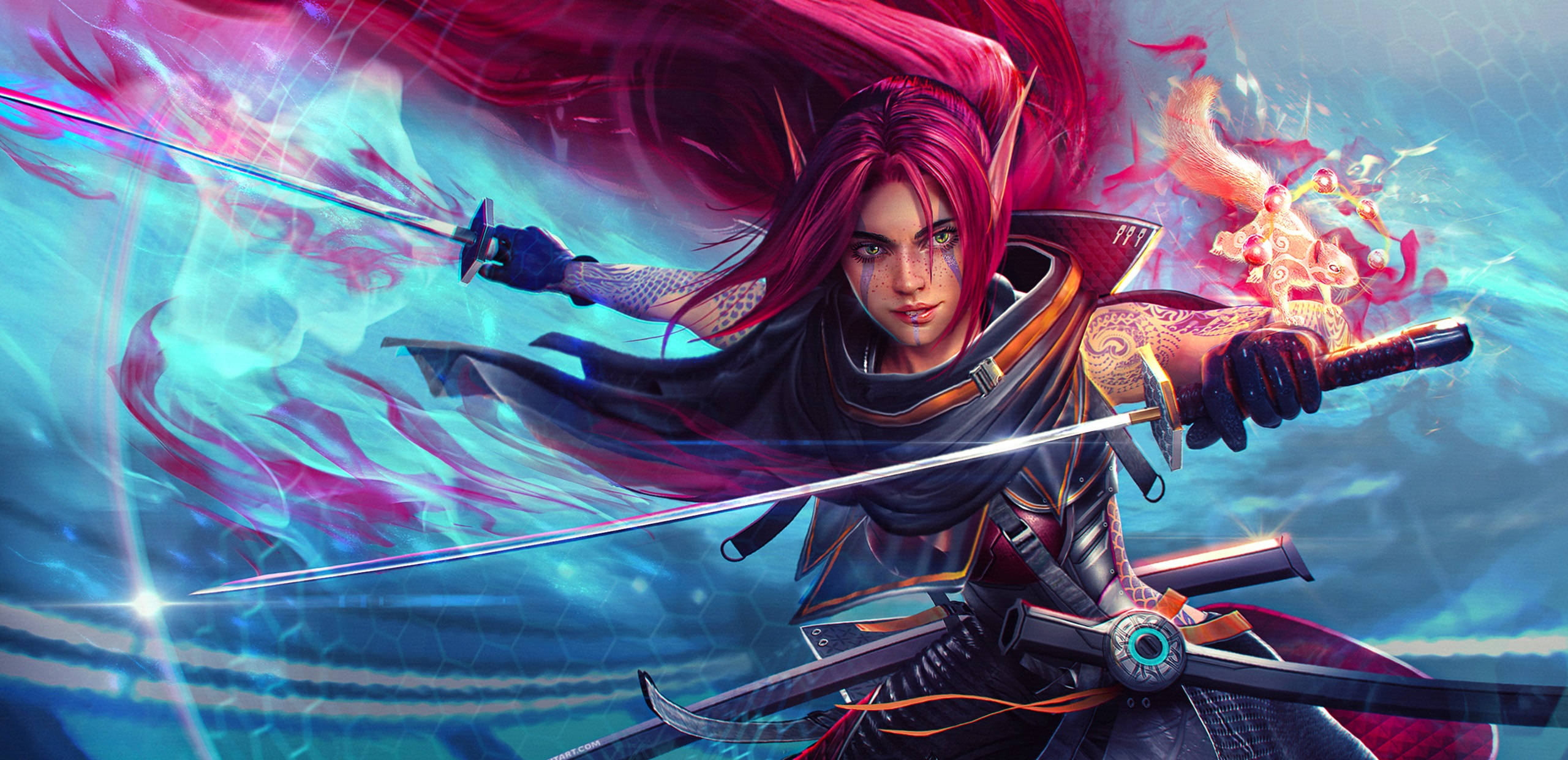 Elf Warrior, dual swords, glowing tattoos, 2K Desktop Wallpaper