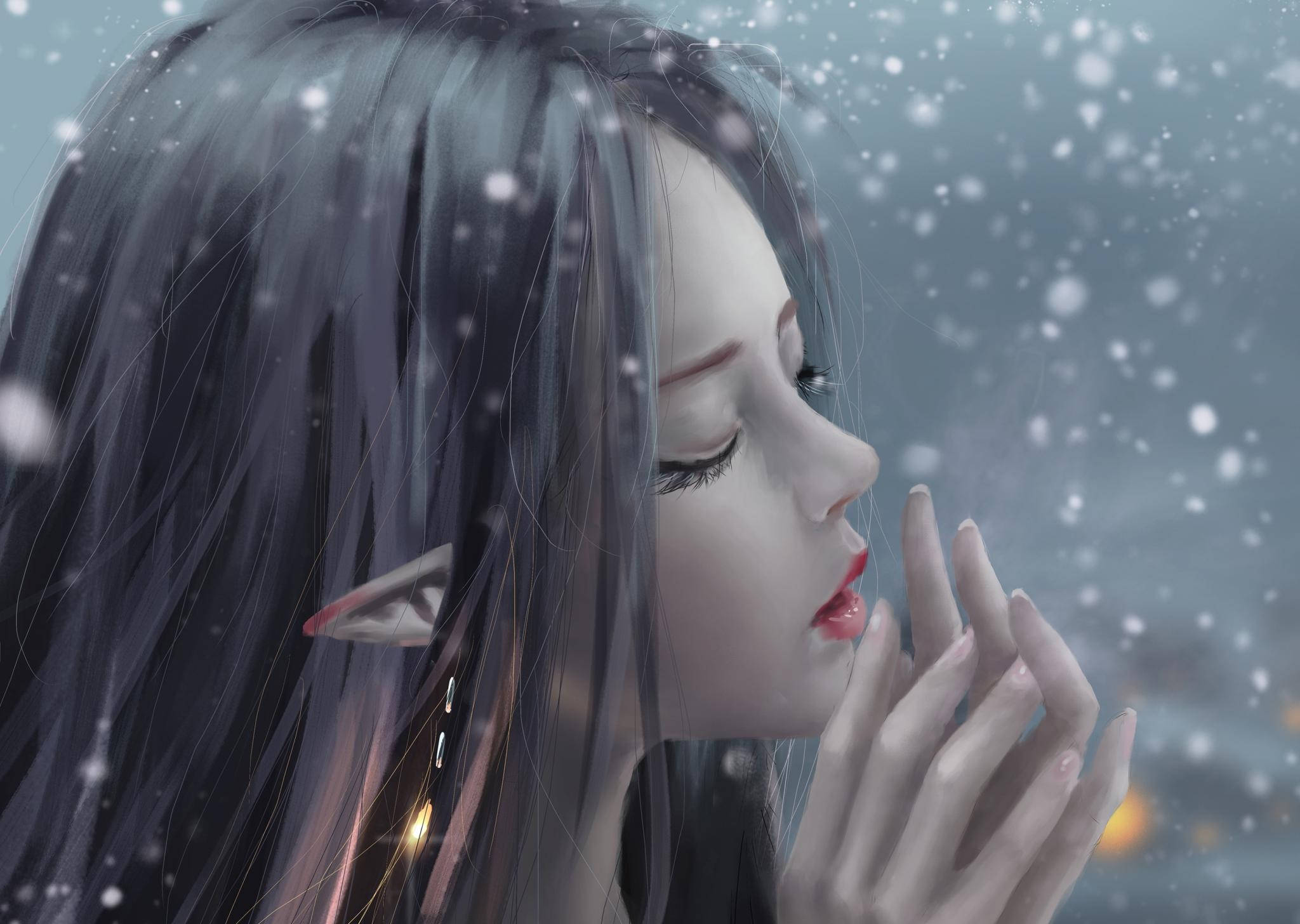elf, dark hair, pointed ears, Full HD Desktop Wallpaper
