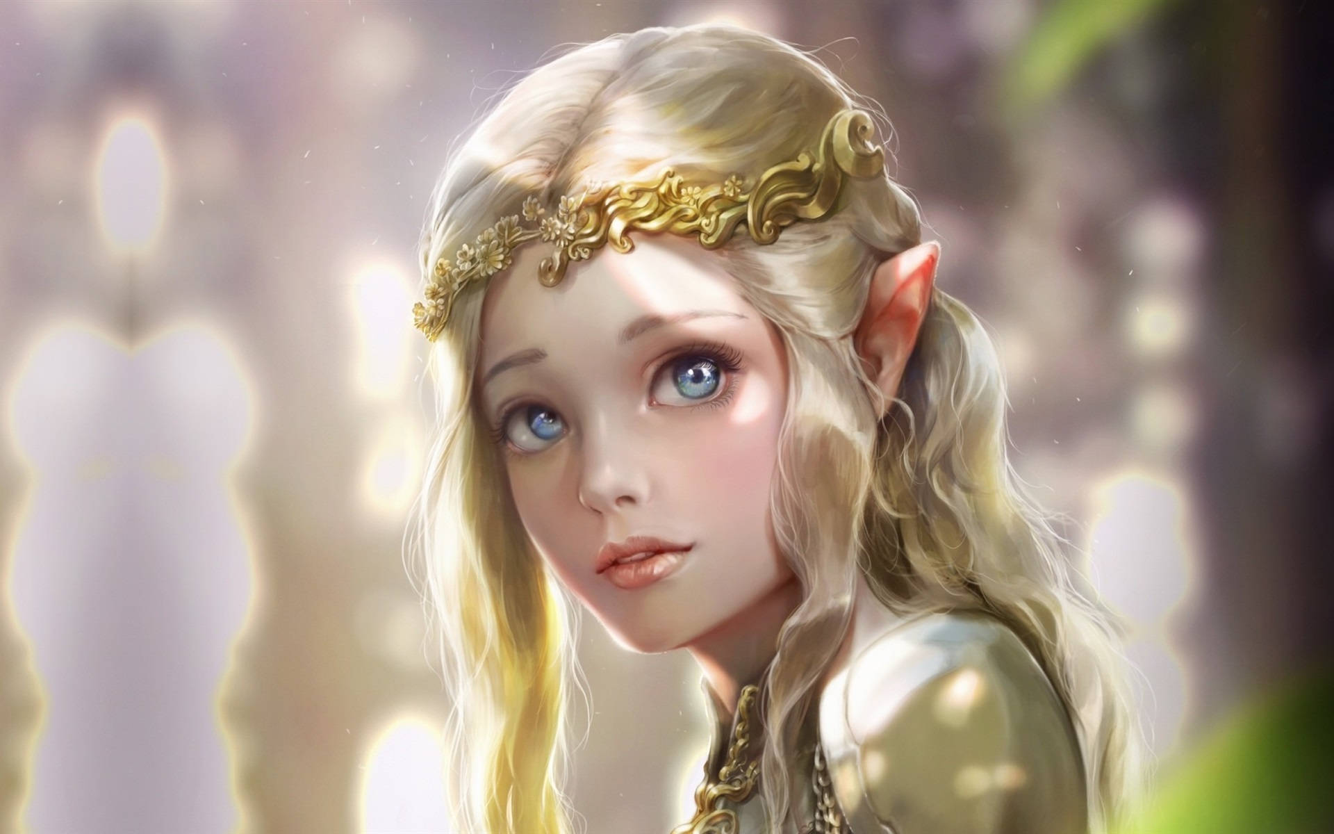 elegant elf princess, golden hair, blue eyes, Full HD Desktop Wallpaper