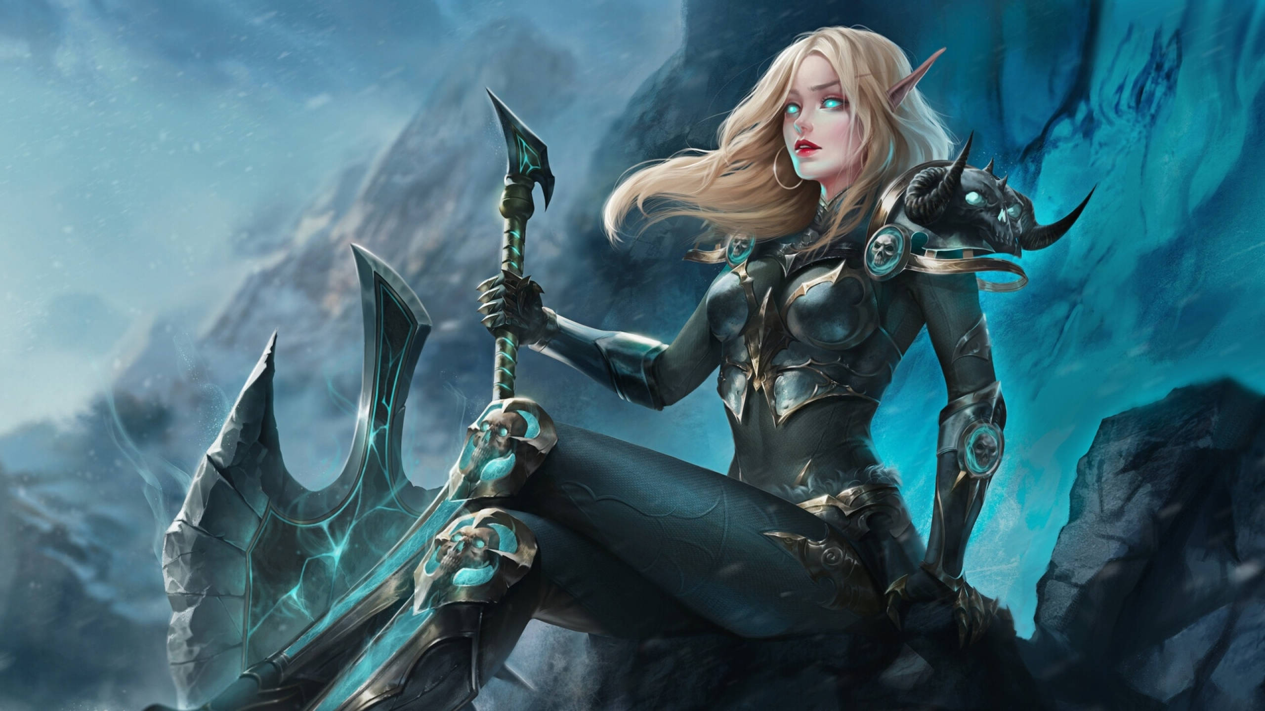 blonde elf warrior, ornate dark armor, glowing axe, 2K Desktop Wallpaper