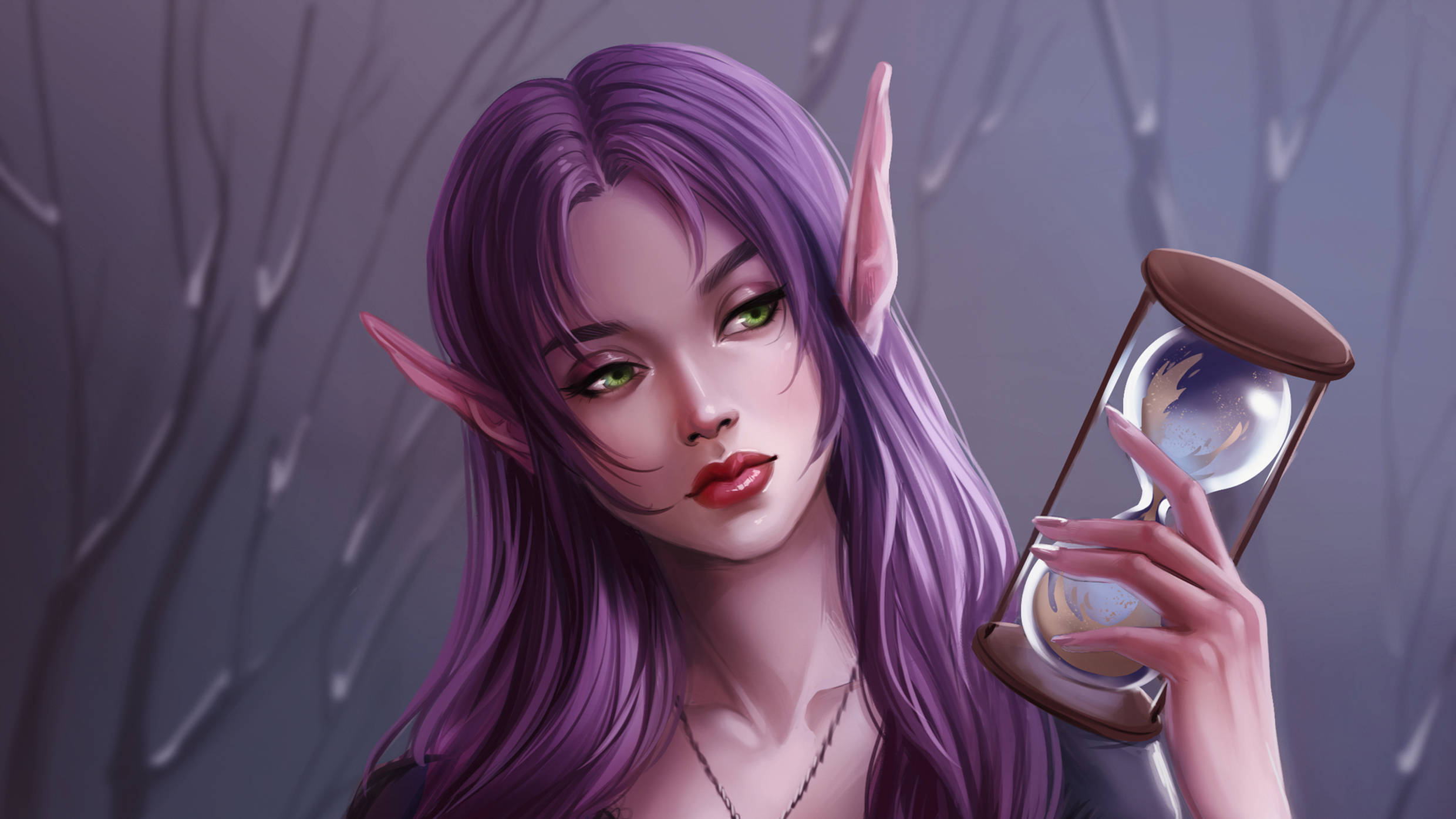 elf, hourglass, purple-haired, Full HD Desktop Wallpaper