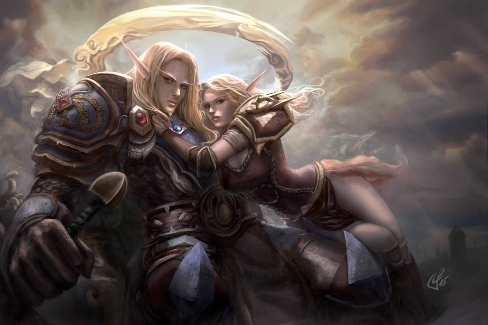 majestic elf couple, armored elf warriors, glowing crescent moon, SD Desktop Wallpaper