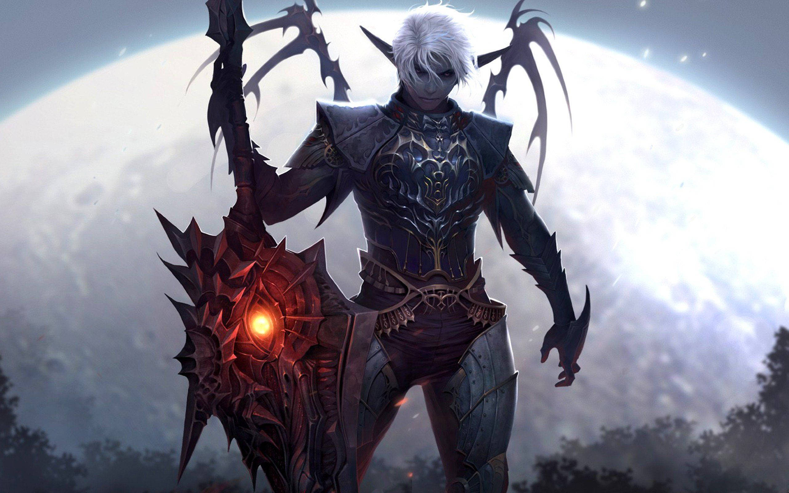 demonic elf warrior, white hair, demonic wings, 2K Desktop Wallpaper