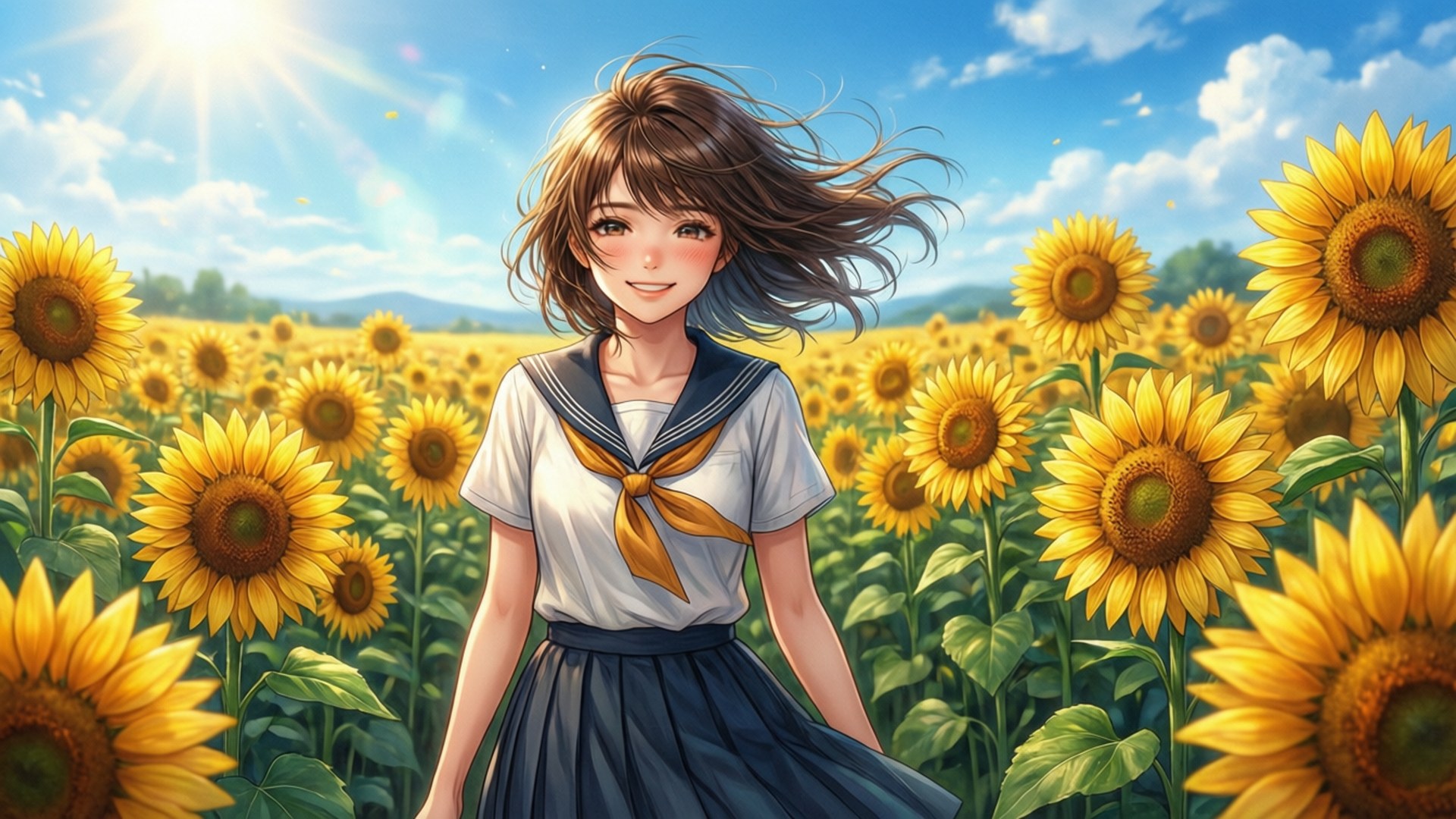 Nana, sailor uniform, sunflowers, Full HD Desktop Wallpaper