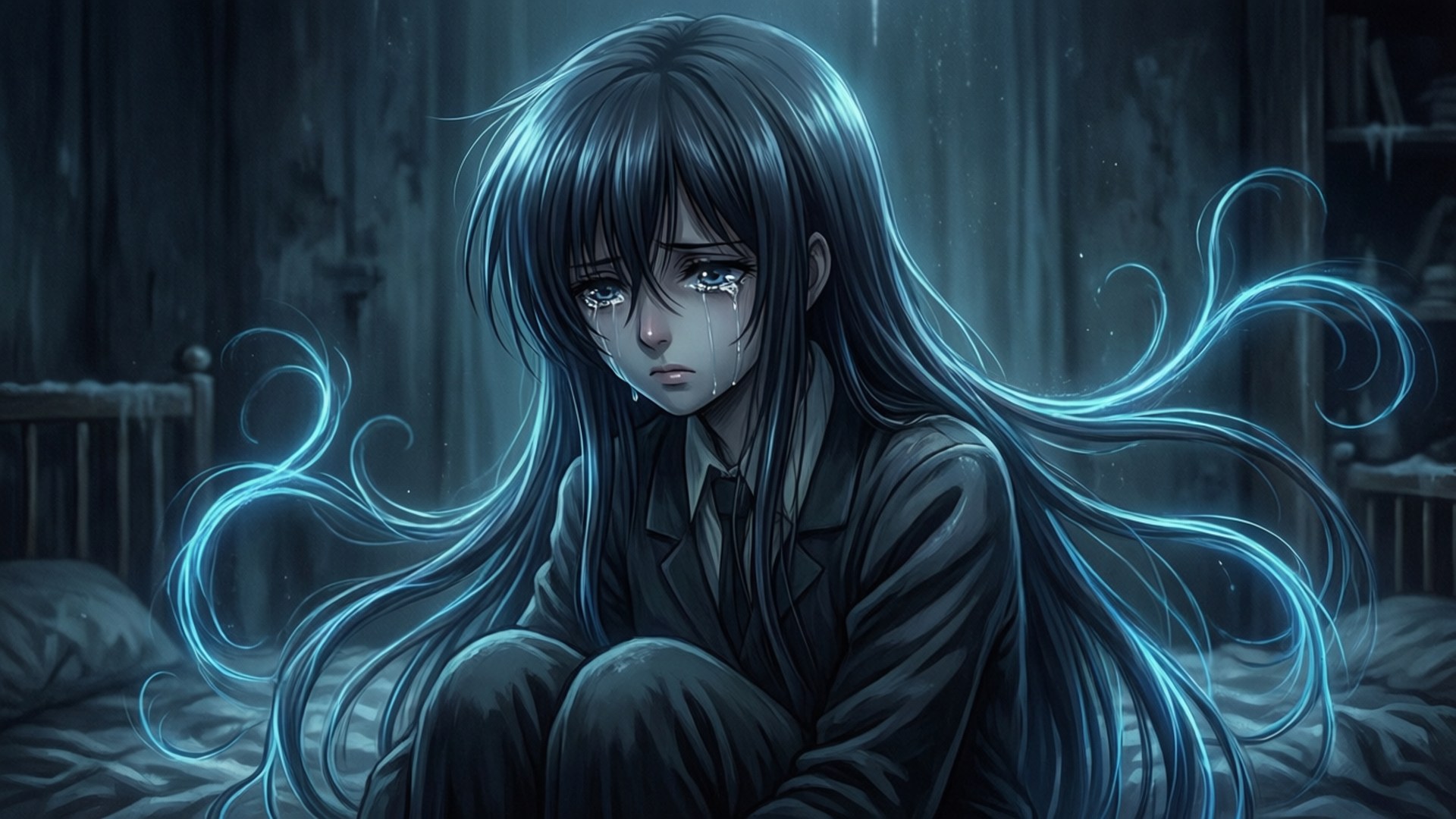 Nana, glowing blue hair, dim room, Full HD Desktop Wallpaper