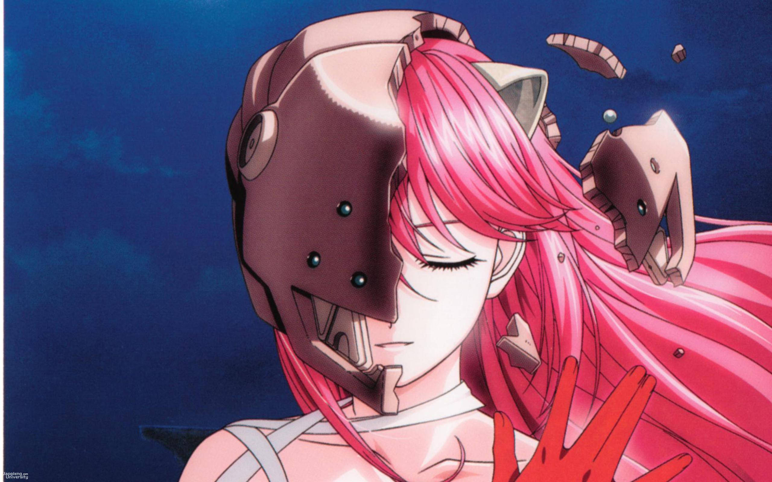 Elfen Lied, pink-haired anime girl, broken mechanical helmet, 2K Desktop Wallpaper