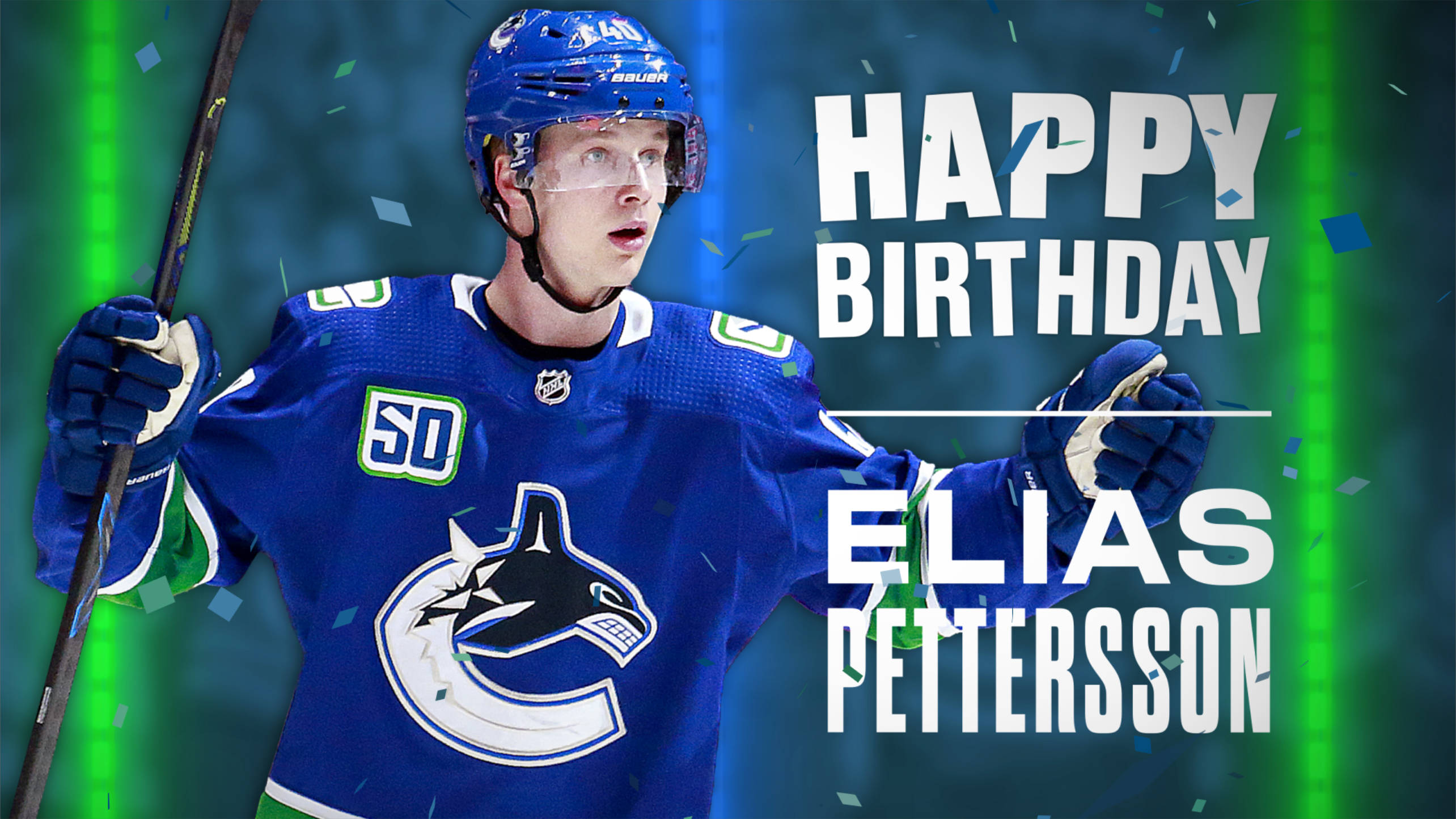 Elias Pettersson, blue Canucks jersey, confetti, 2K Desktop Wallpaper