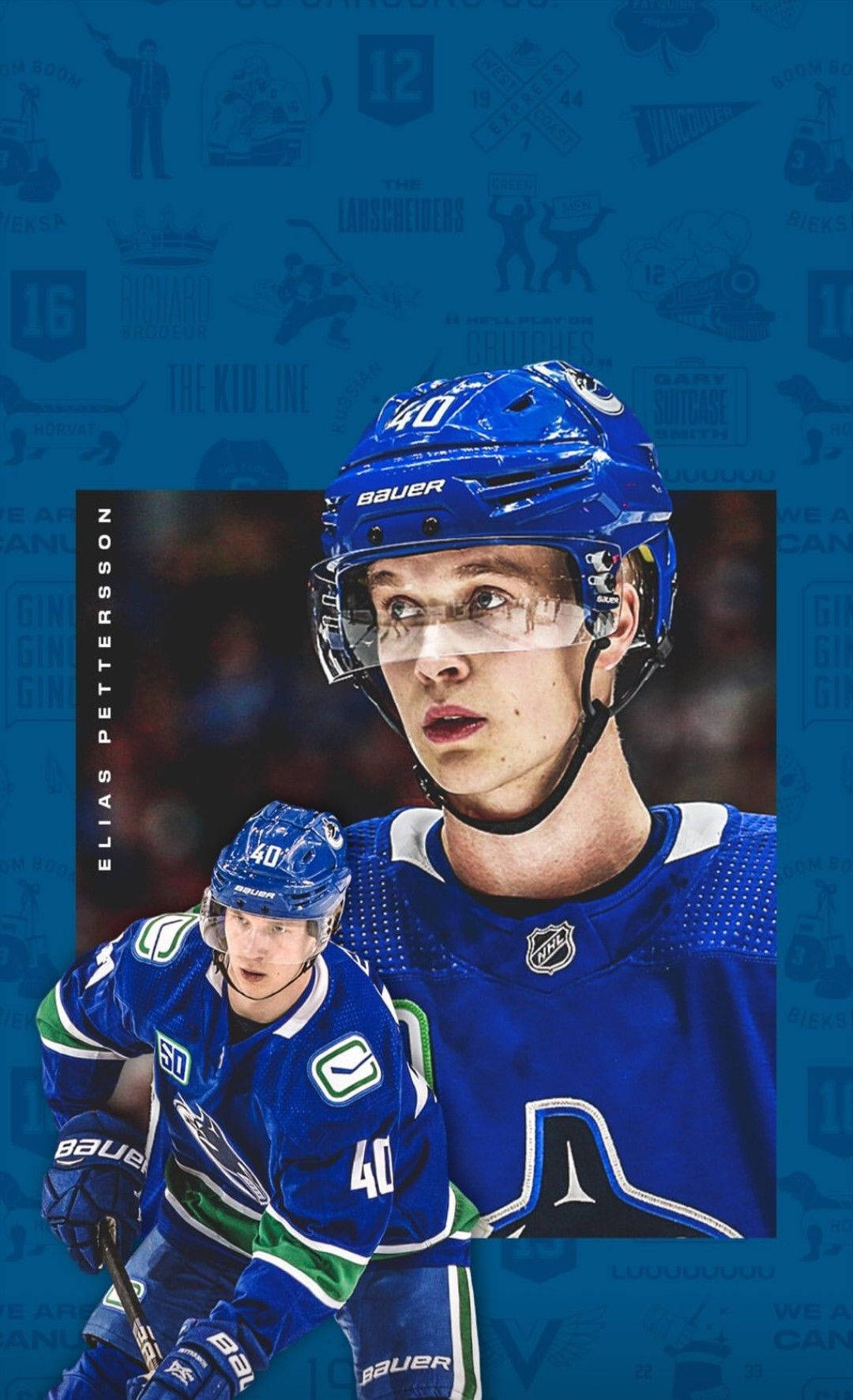 Elias Pettersson, blue and green uniform, team logos, HD Phone Wallpaper