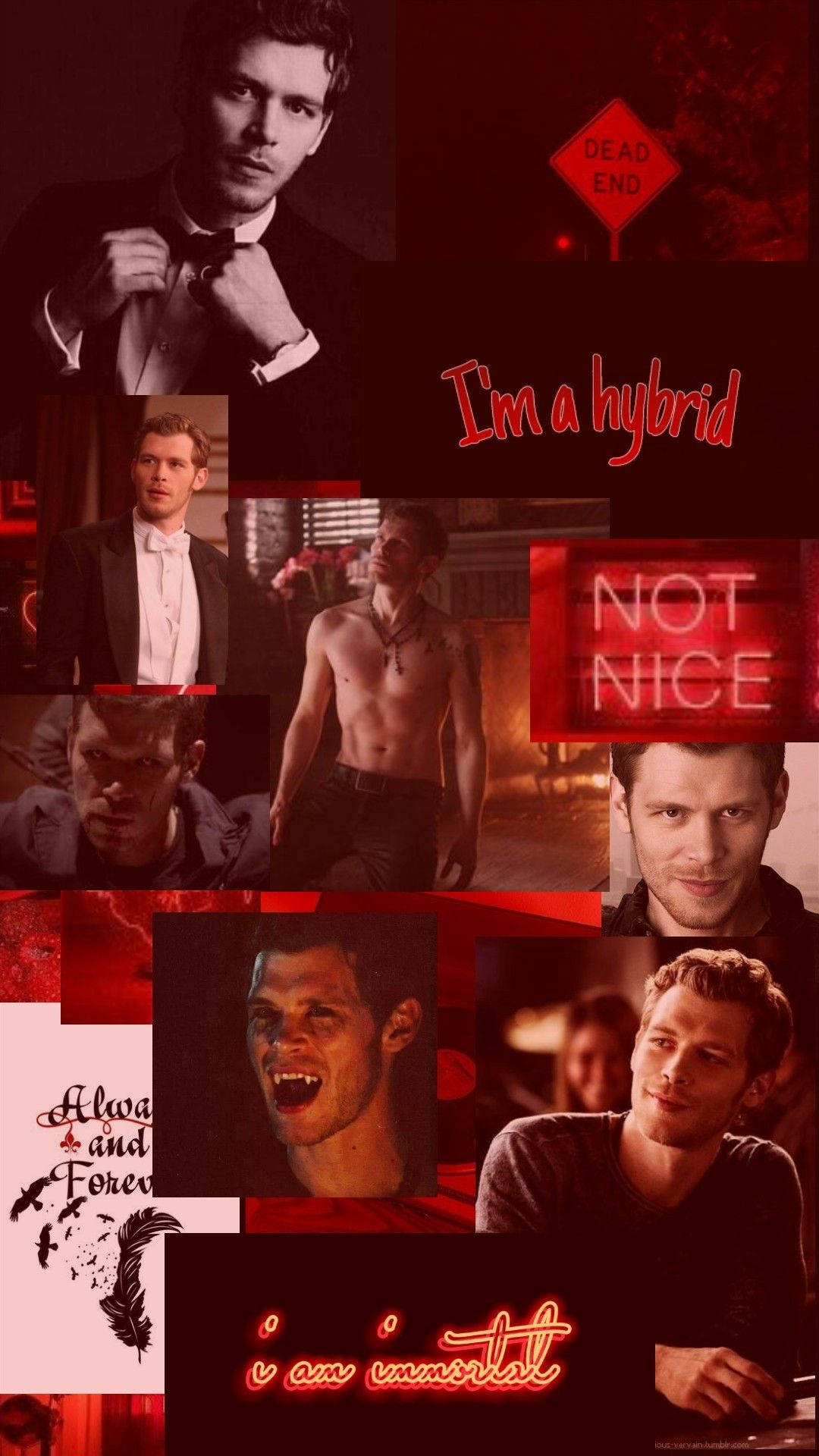 Elijah Mikaelson, red-toned collage, text overlays, Full HD Phone Wallpaper