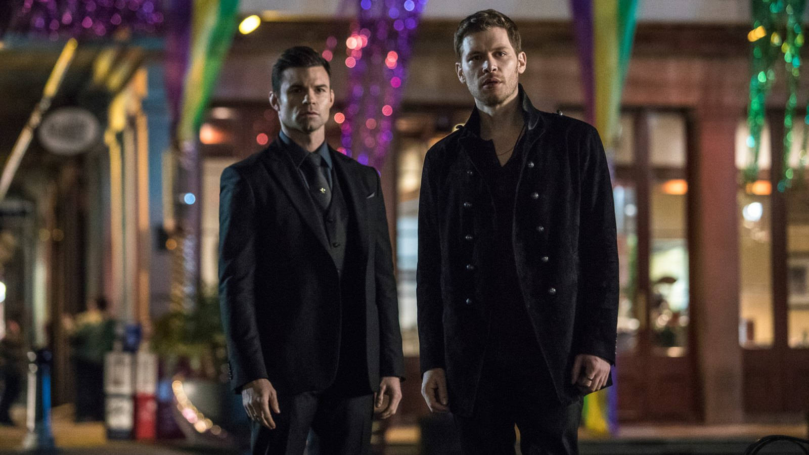 Elijah Mikaelson, nighttime city street, colorful festive lights, HD Desktop Wallpaper