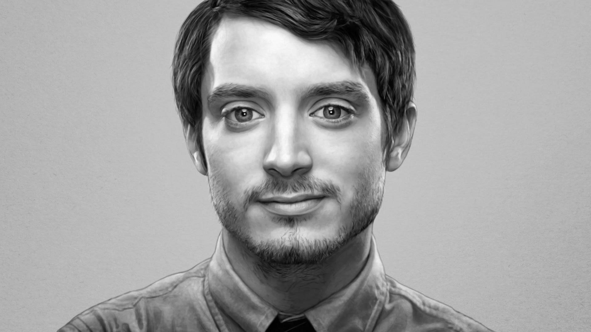 Elijah Wood, grayscale portrait, short dark hair, Full HD Desktop Wallpaper