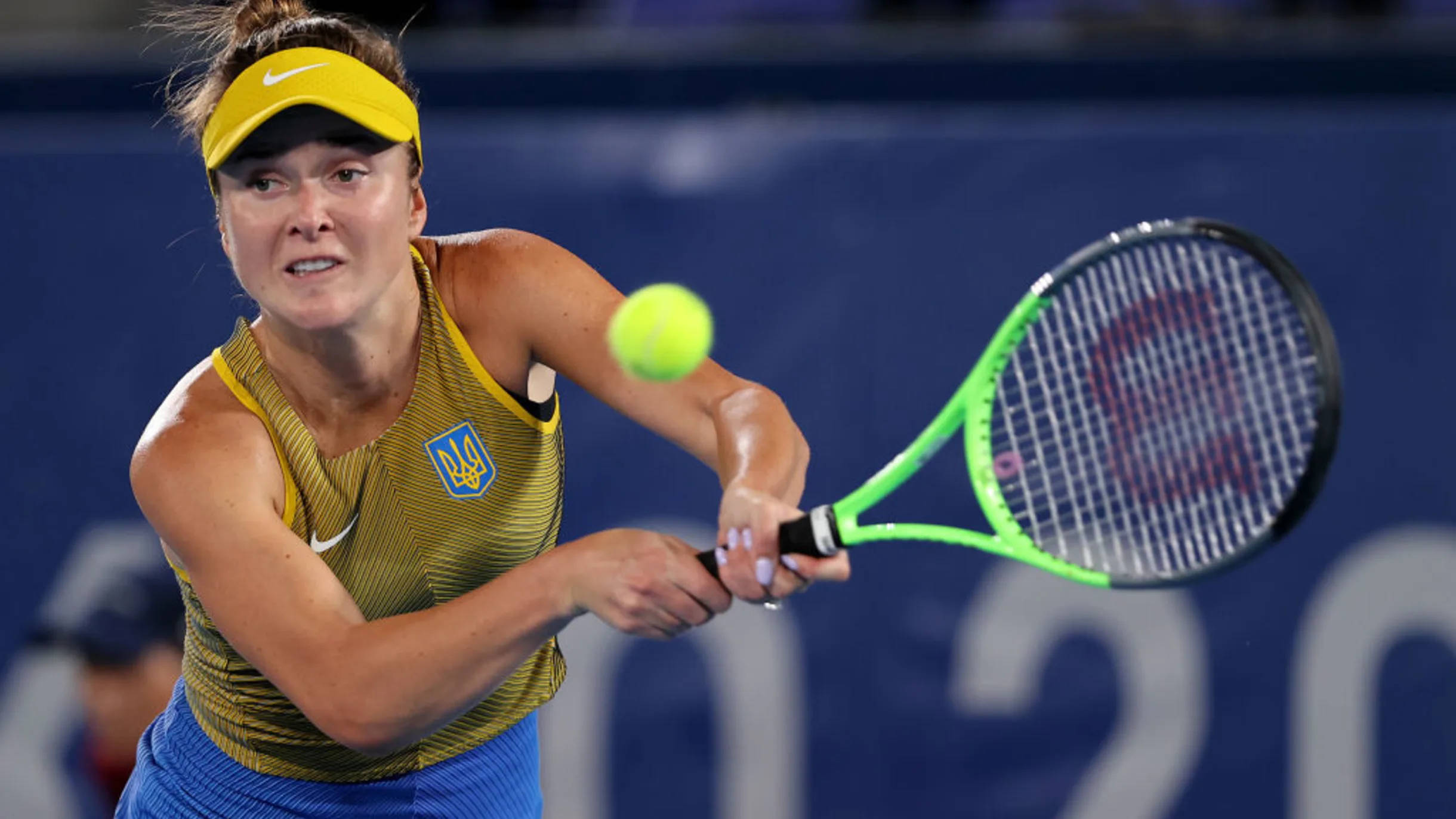 Elina Svitolina, green racket, yellow and blue uniform, Full HD Desktop Wallpaper