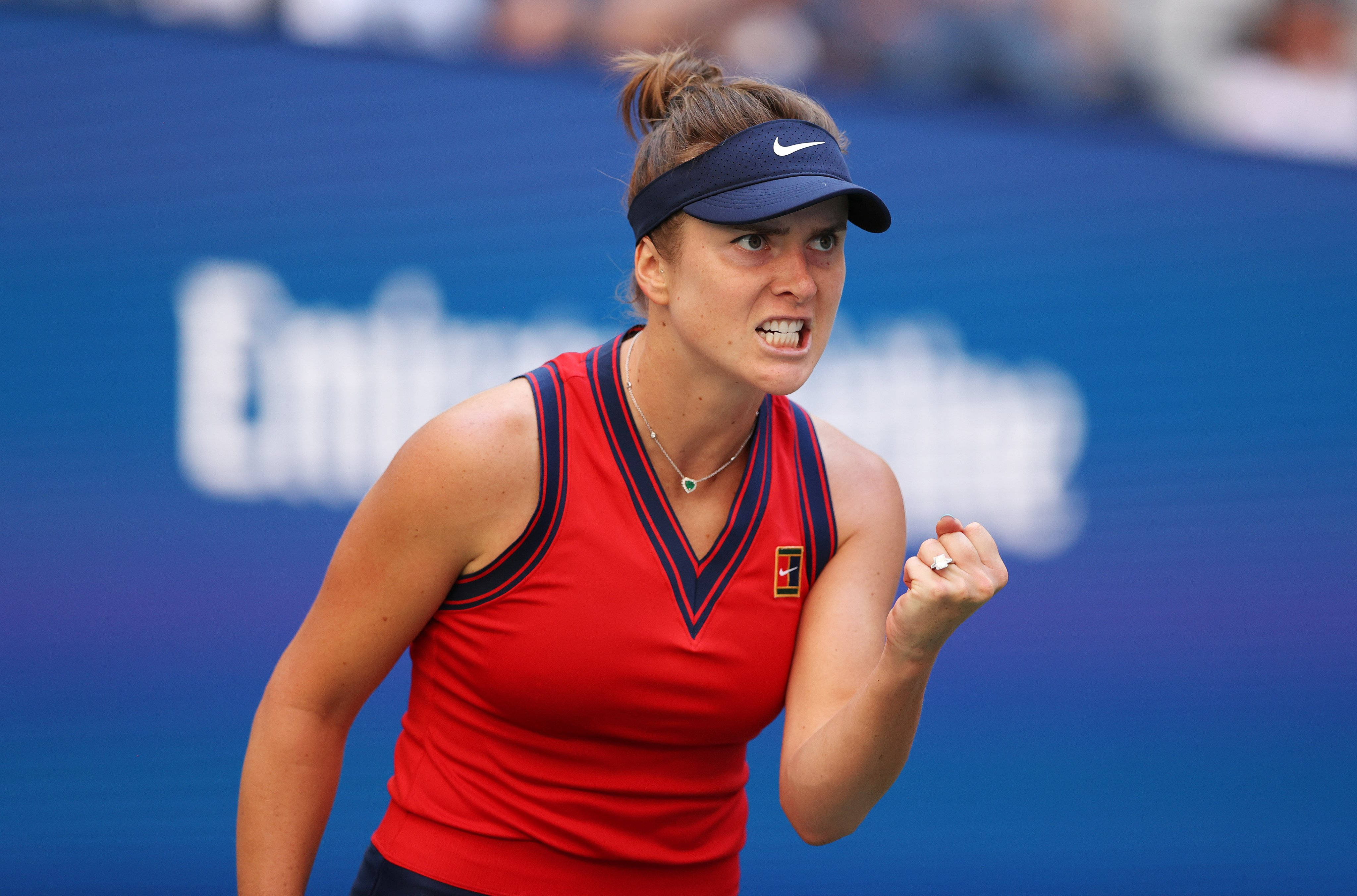 Elina Svitolina, red top, blue court, 4K Desktop Wallpaper