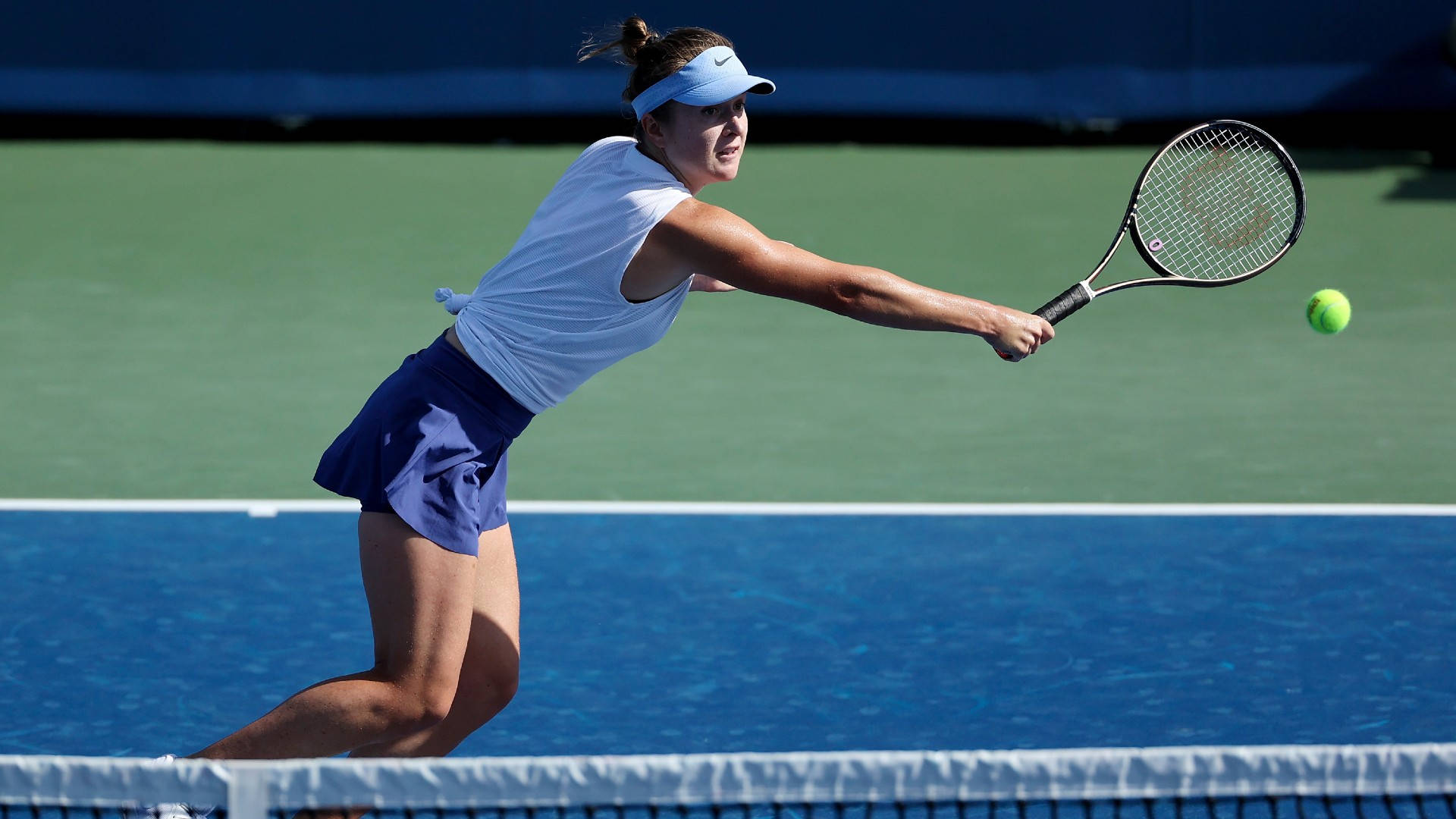 Elina Svitolina, white and blue, bright green ball, Full HD Desktop Wallpaper