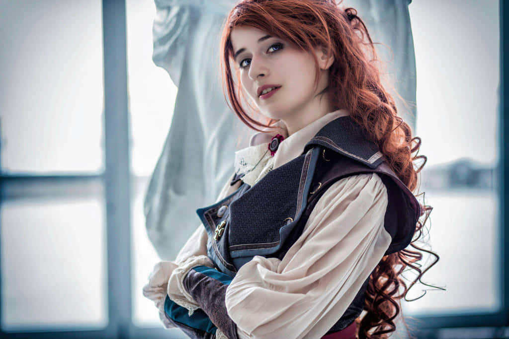 Élise De La Serre, fiery red hair, pirate-style vest, SD Desktop Wallpaper