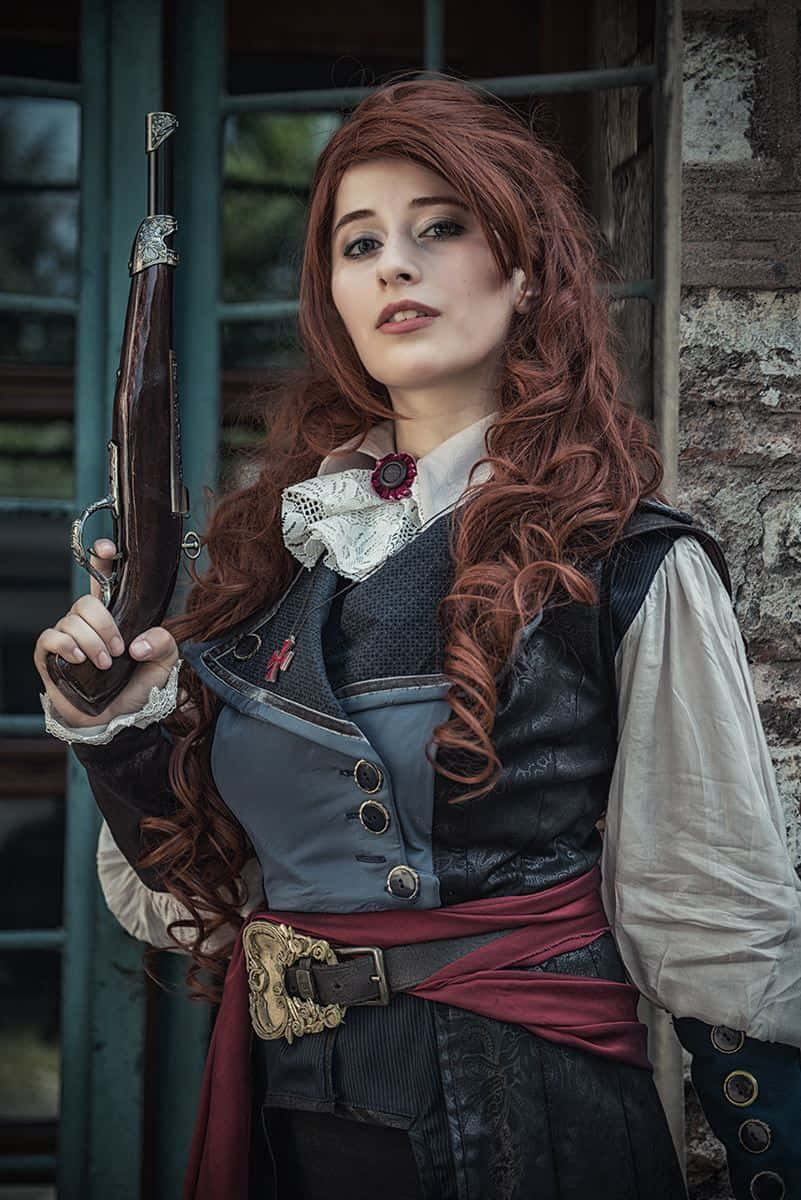 Élise De La Serre, long red hair, antique flintlock pistol, SD Phone Wallpaper