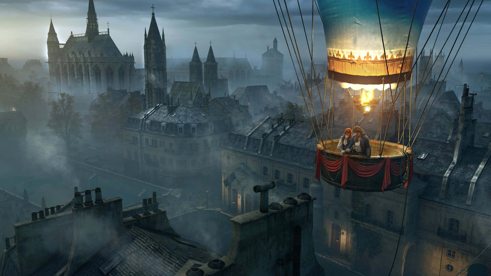 Élise De La Serre, hot air balloon, glowing flames, Full HD Desktop Wallpaper