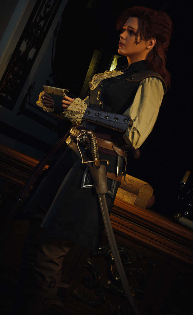 Élise De La Serre, ornate historical attire, dim light, SD Phone Wallpaper