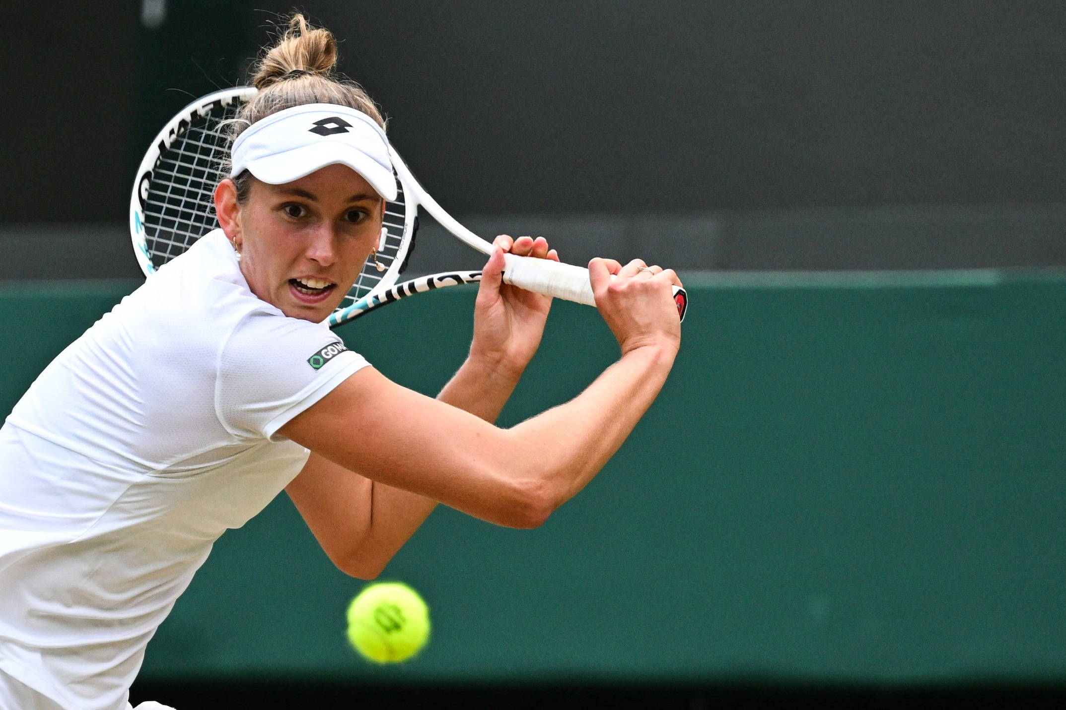Elise Mertens, white gear, bright yellow ball, Full HD Desktop Wallpaper