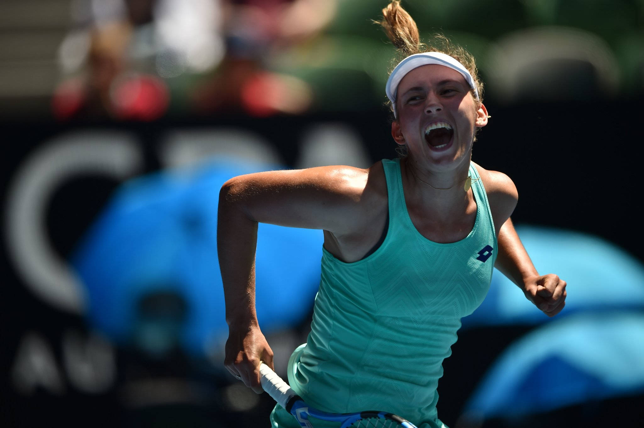 Elise Mertens, teal tank top, racket, Full HD Desktop Wallpaper