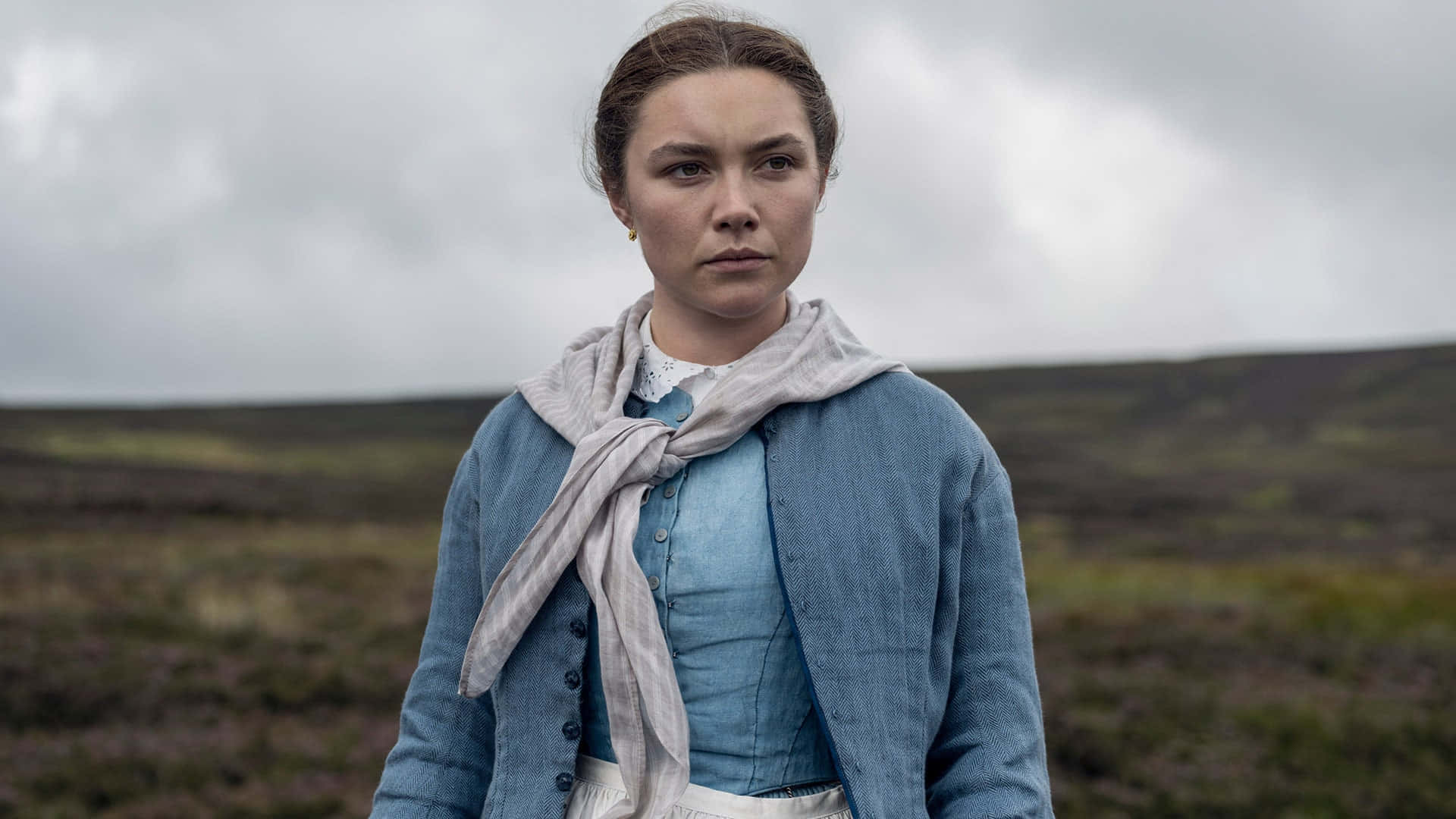 Eliza Scanlen, vintage blue attire, moody moorland, Full HD Desktop Wallpaper