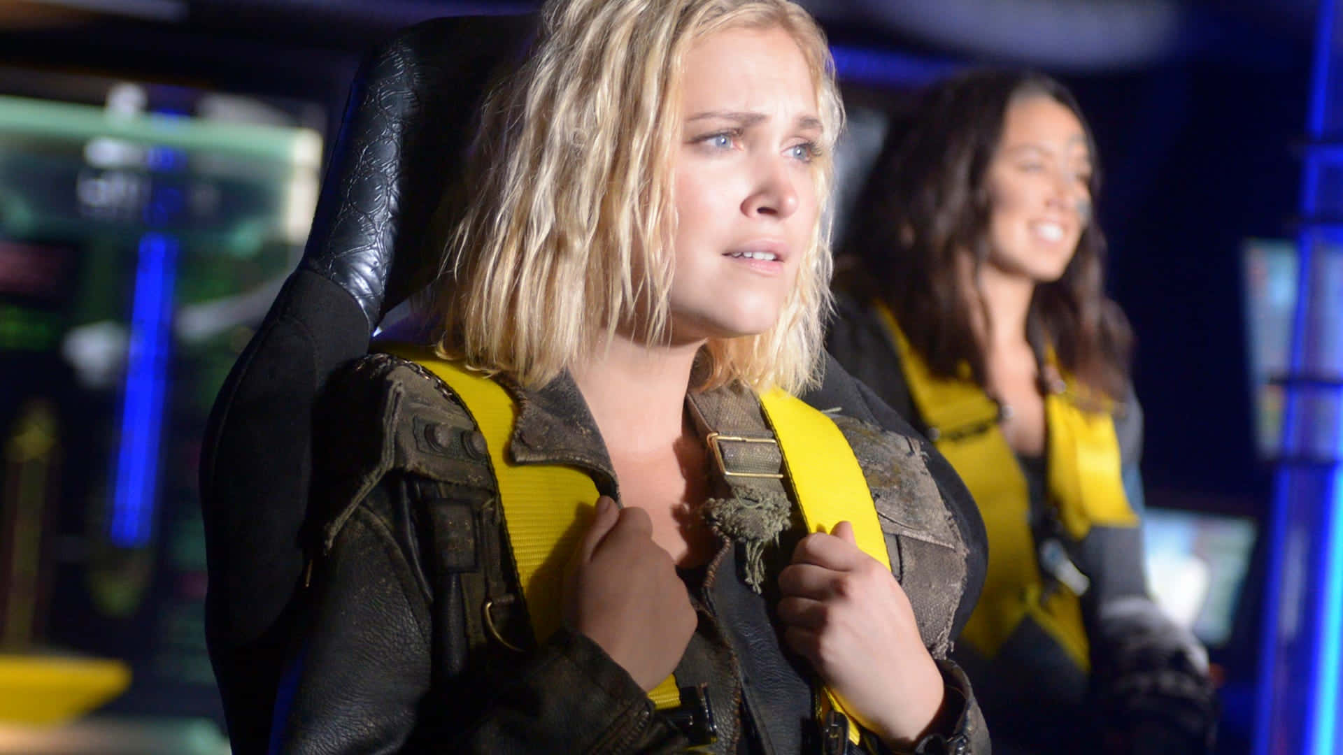 Eliza Taylor, yellow harness, futuristic cockpit, Full HD Desktop Wallpaper