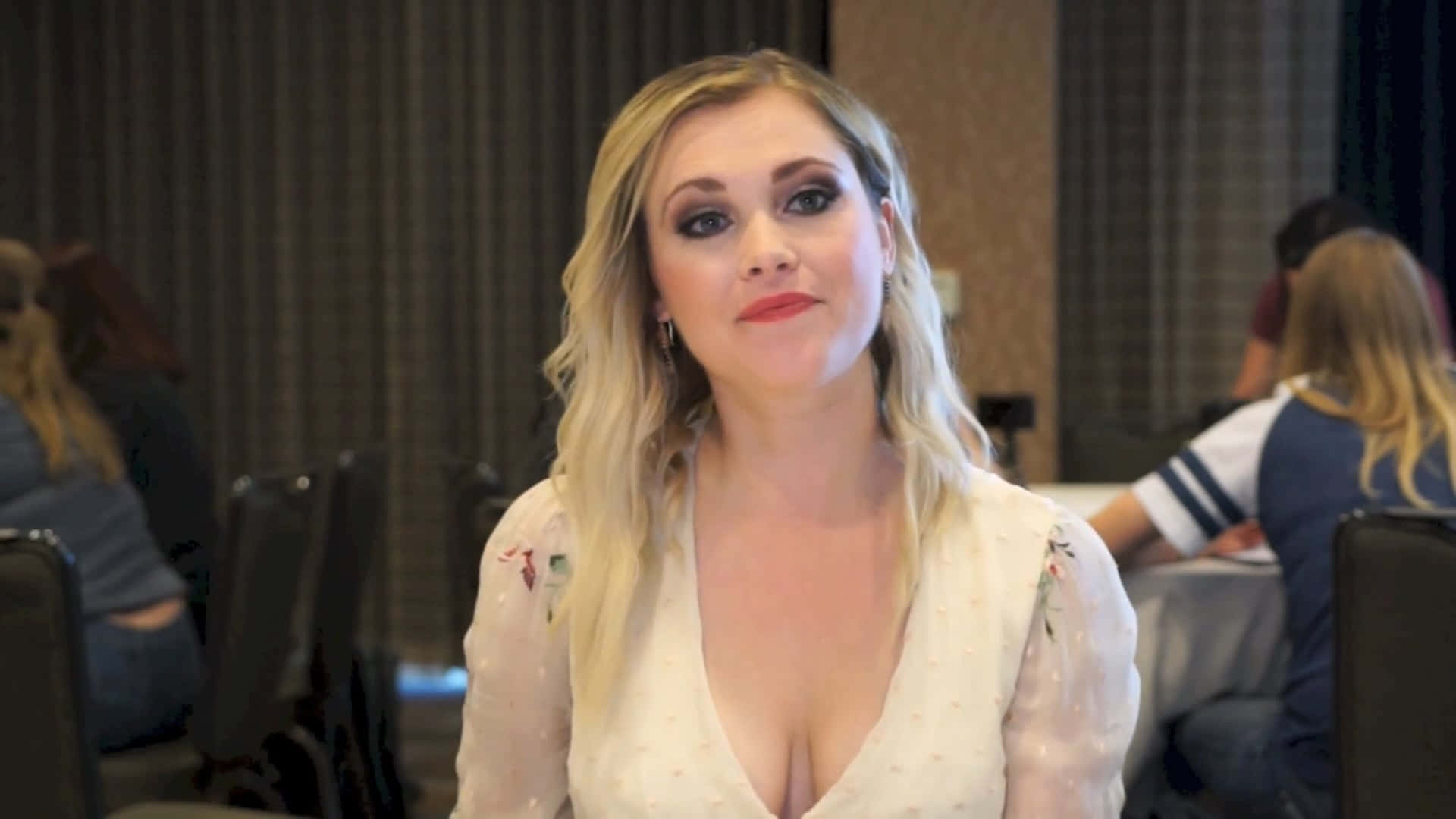 Eliza Taylor, white floral blouse, dimly lit indoor setting, Full HD Desktop Wallpaper