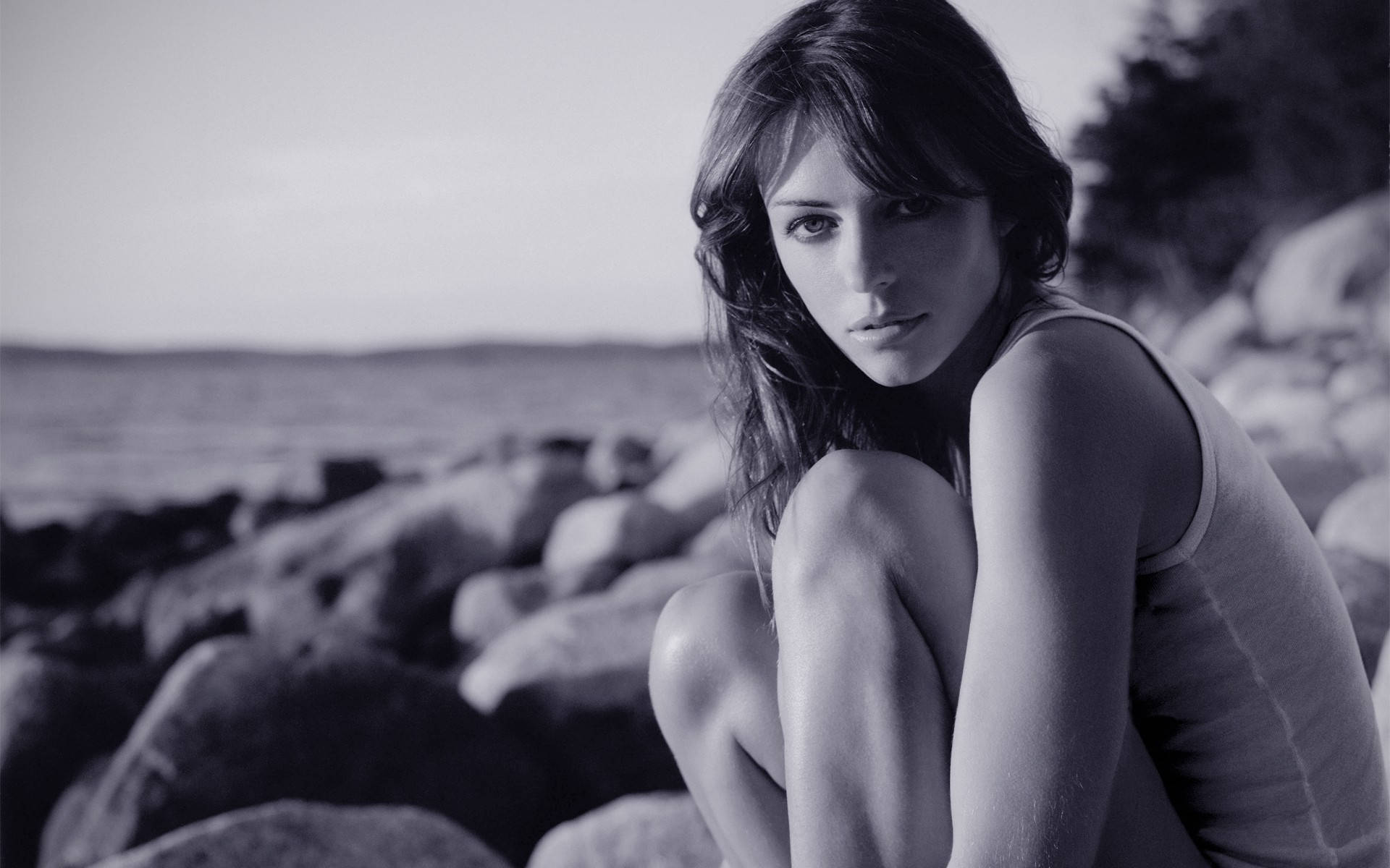 Elizabeth Hurley, beach photoshoot, rocky shore, Full HD Desktop Wallpaper