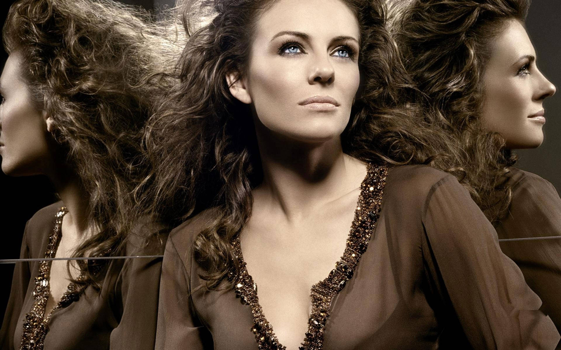 Elizabeth Hurley, mirrored reflections, studio portrait, Full HD Desktop Wallpaper