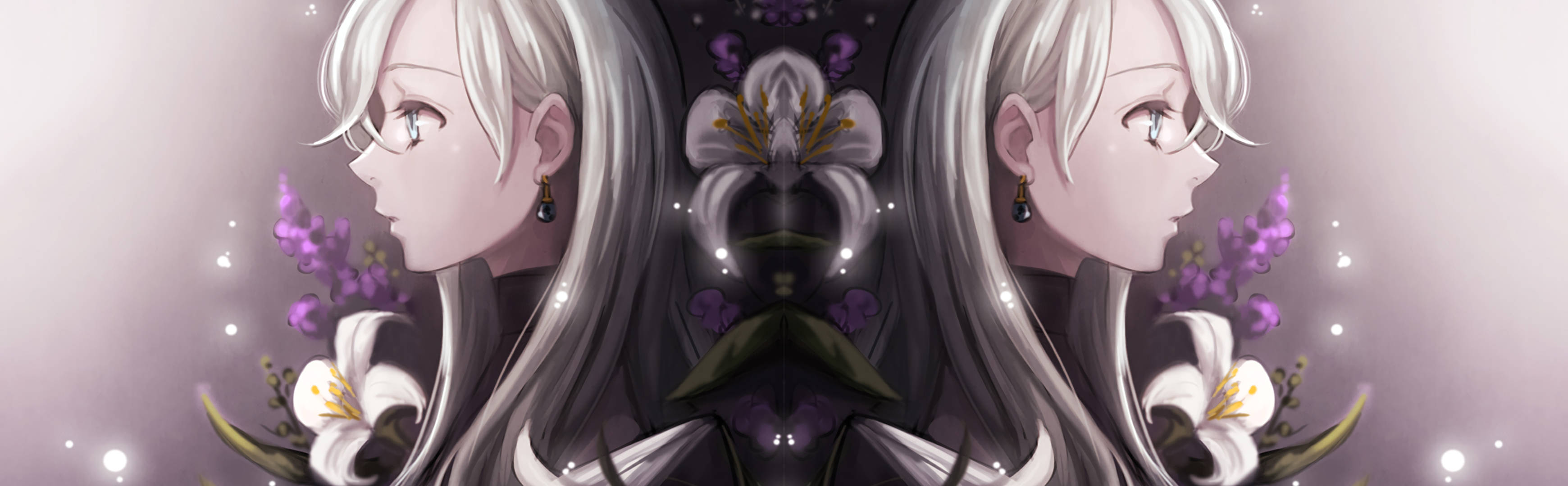 Elizabeth Liones, silver hair, purple flowers, 2K Desktop Wallpaper