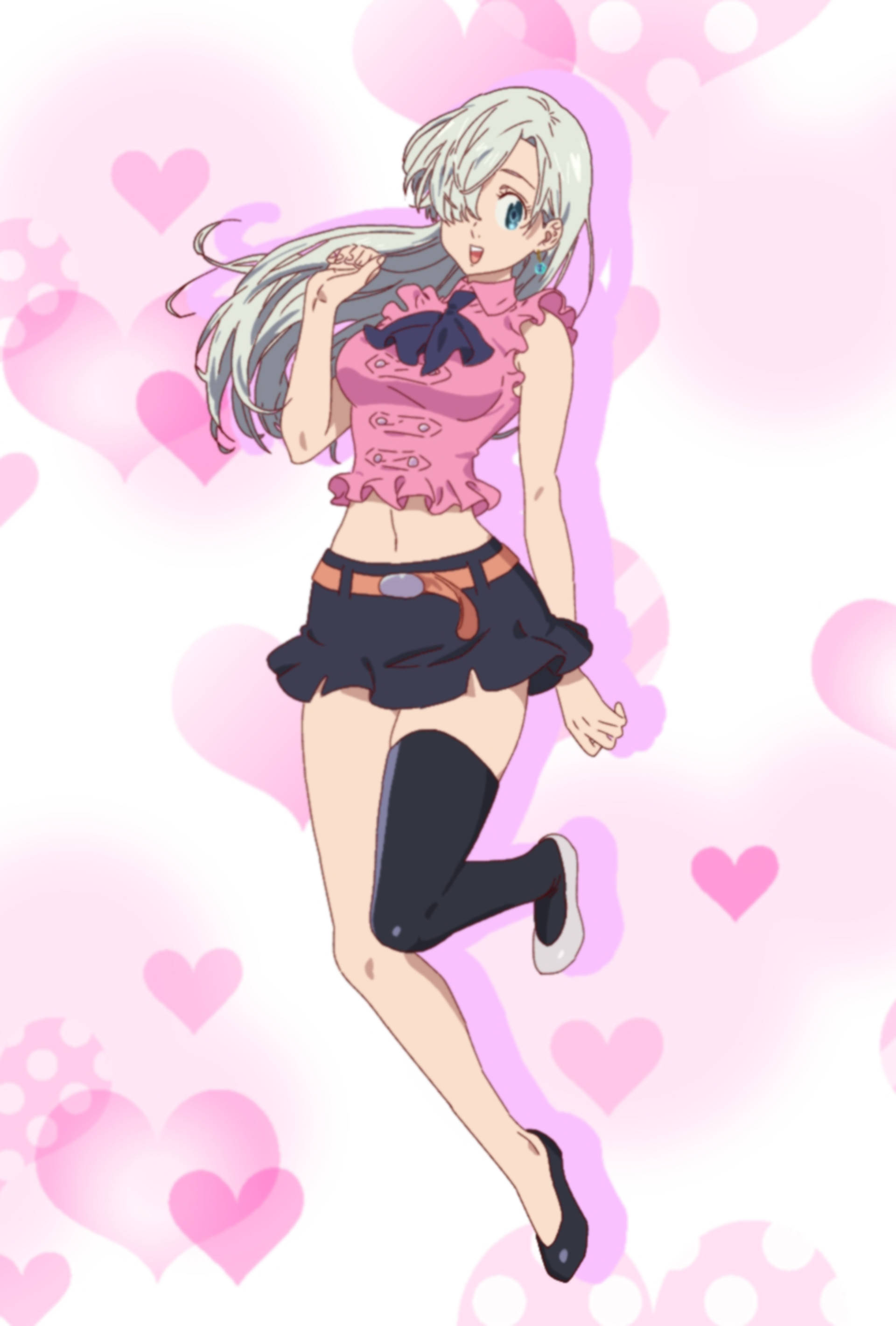 Elizabeth Liones, silver hair, soft pink heart-filled background, 2K Phone Wallpaper