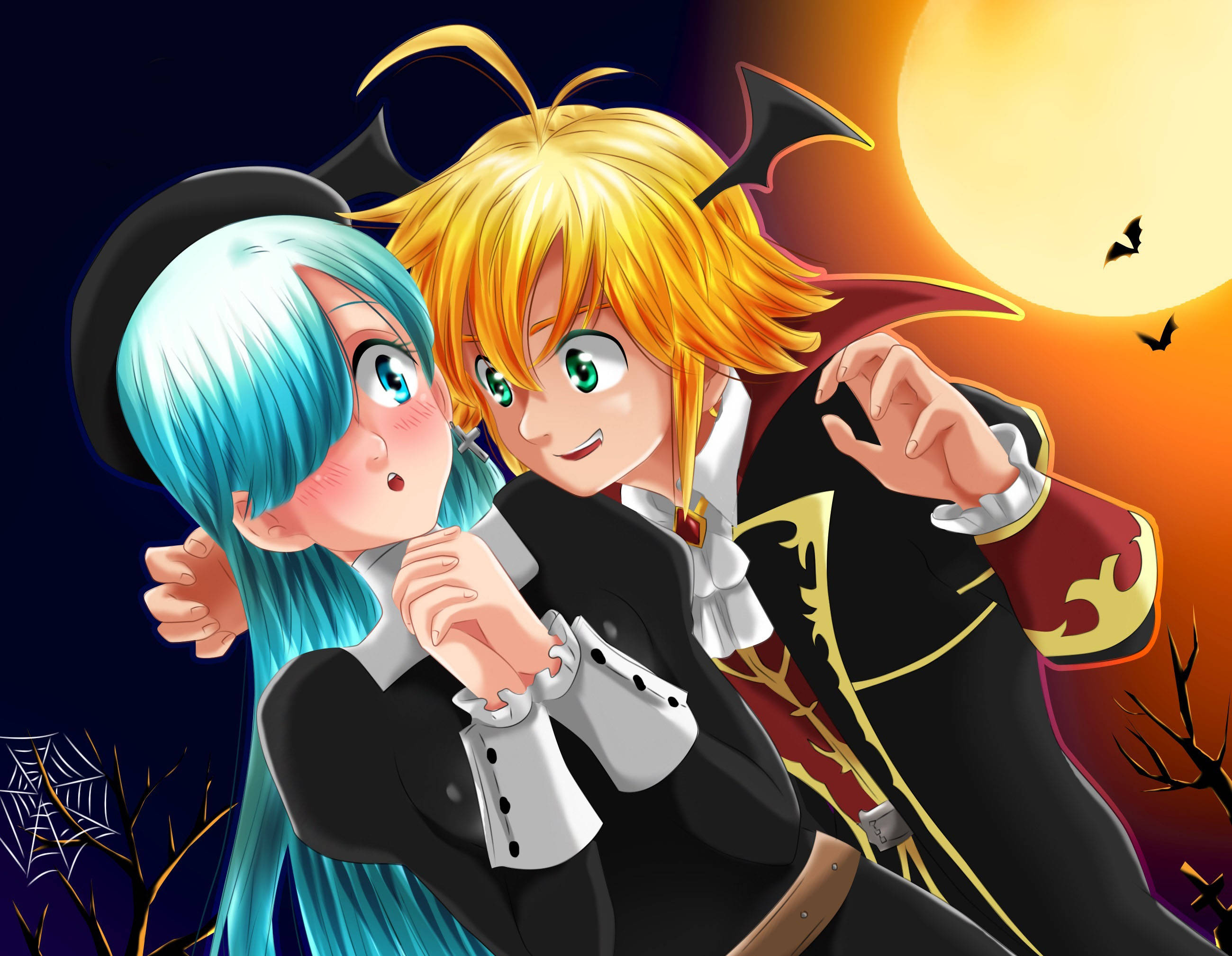 Elizabeth Liones, Halloween costumes, glowing orange moon, 2K Desktop Wallpaper