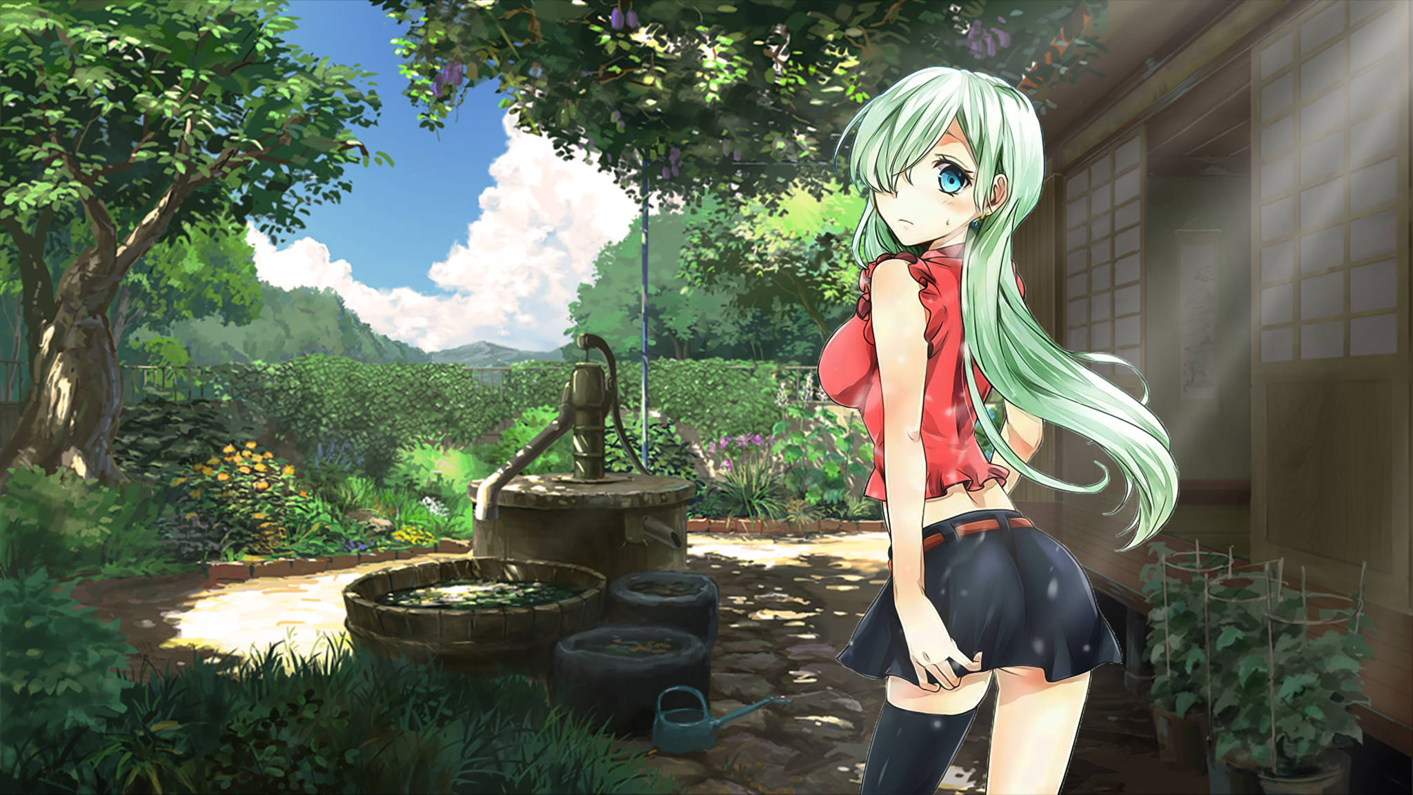 Elizabeth Liones, green-haired, red top, Full HD Desktop Wallpaper